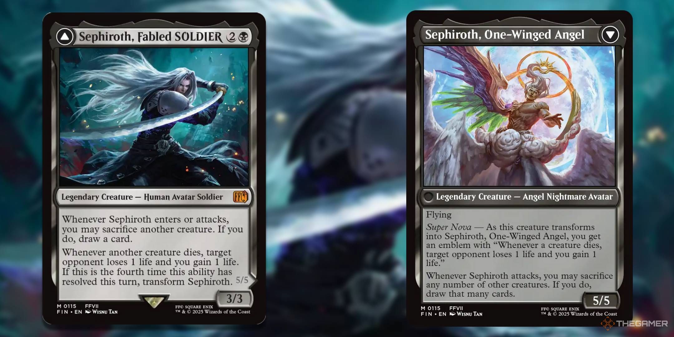 MTG Sephiroth, Fabled SOLDIER card with the art in the background.