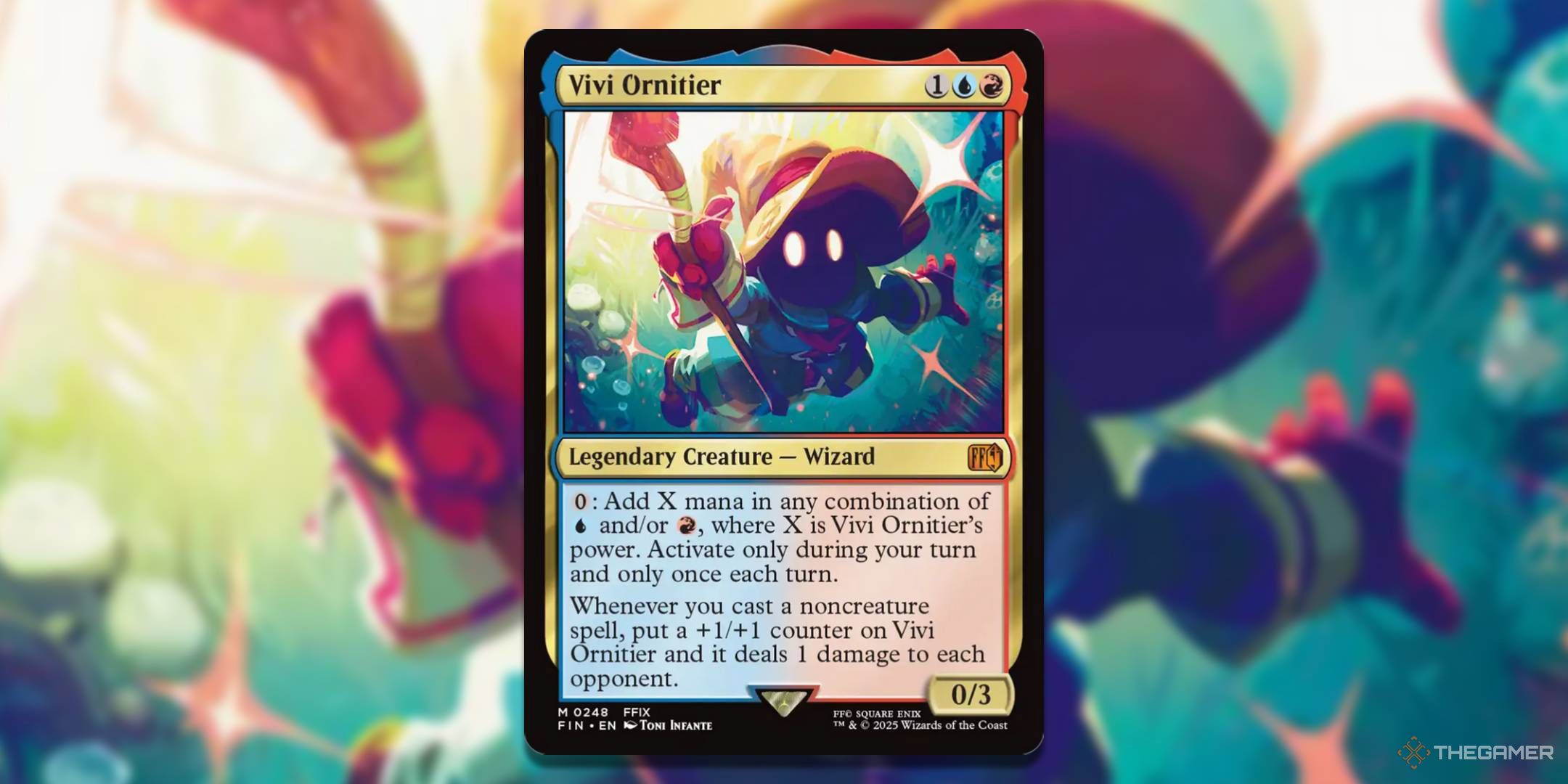 MTG Vivi Ornitier card with the art in the background.