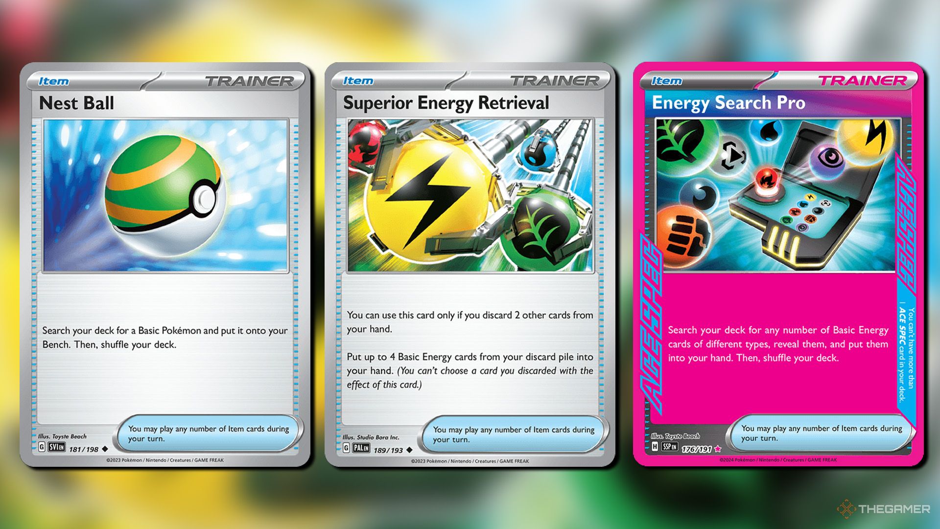 Nest Ball, Superior Energy Retrieval and Energy Search Pro cards from Pokemon TCG.