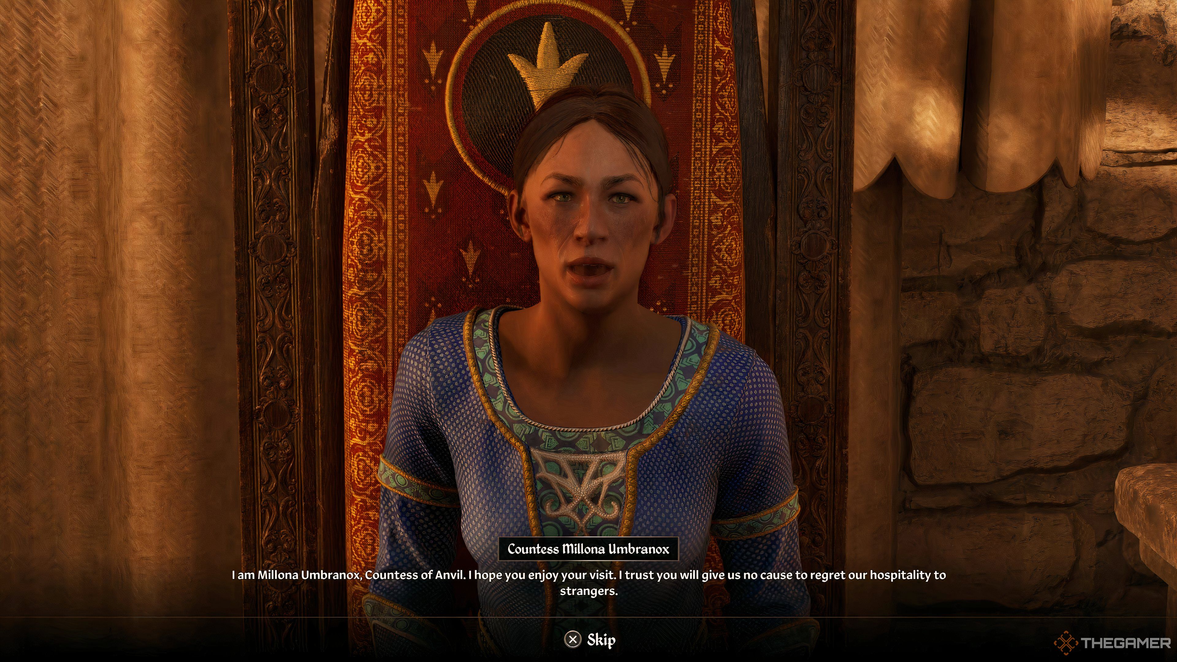 Countess Millona Umbranox speaking to the player during the Anvil Allies for Bruma quest in Oblivion Remastered.