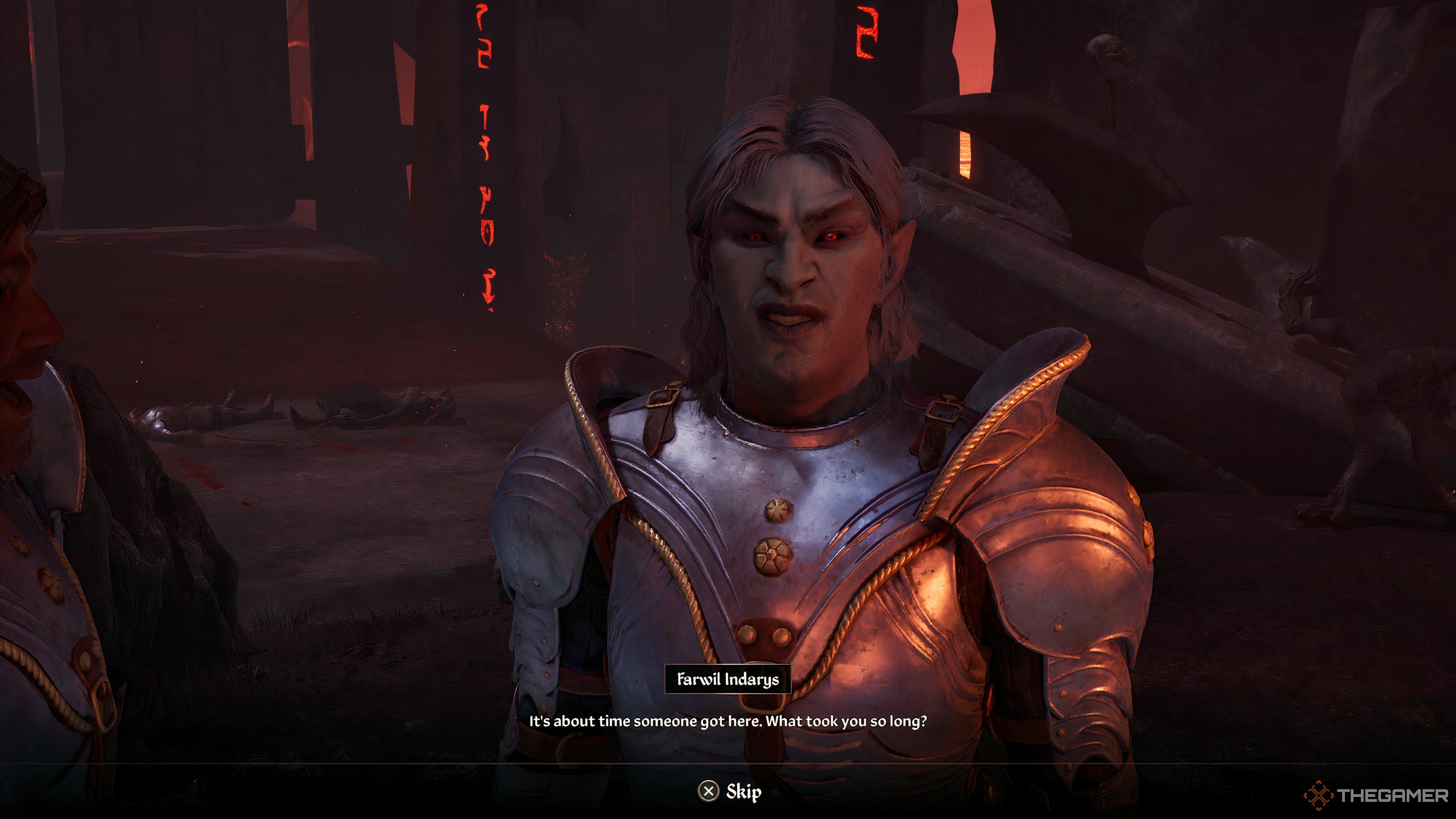 Farwil Indarys in the Oblivion realm during the Allies for Bruma quest in Oblivion Remastered.