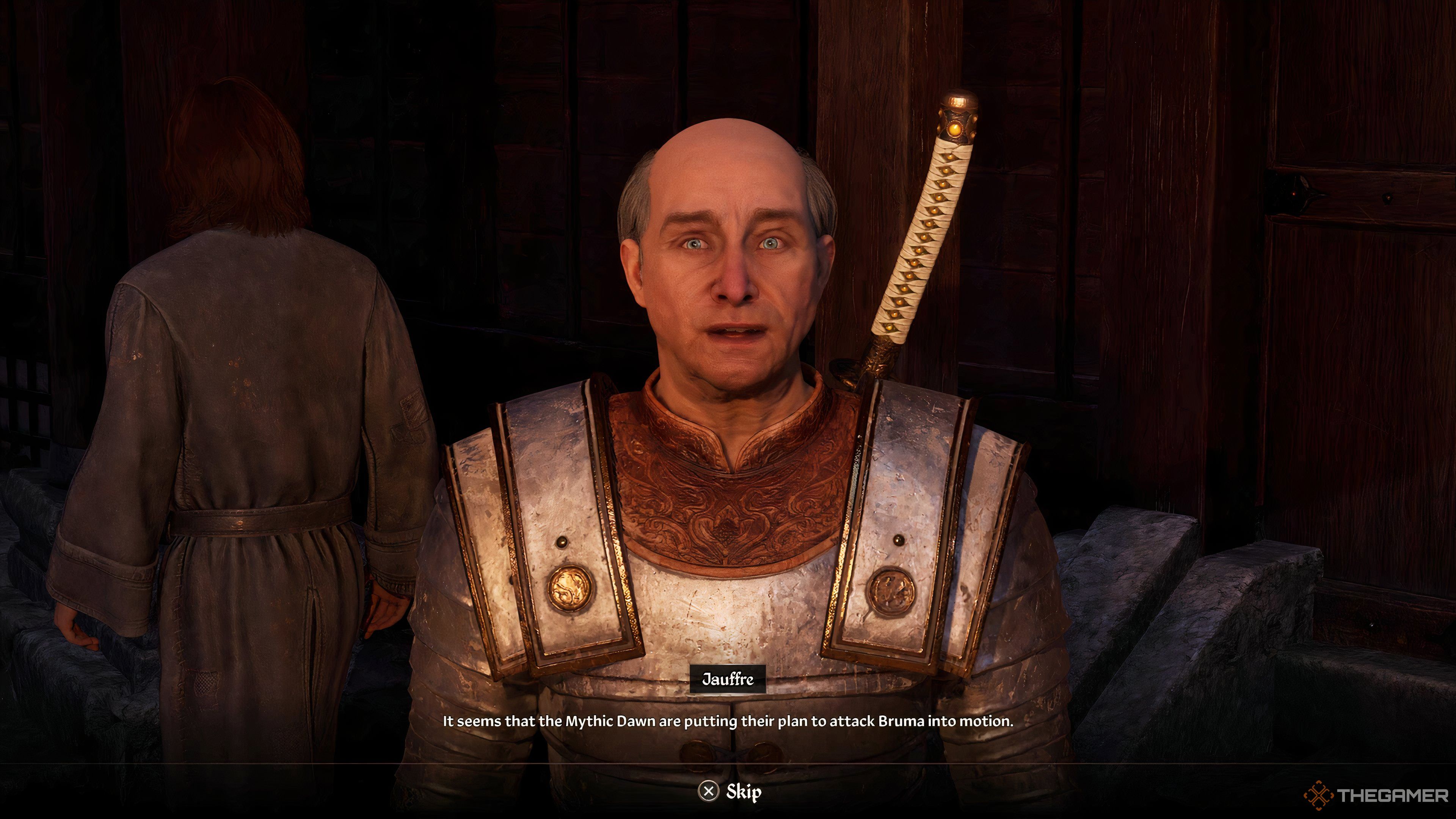 Jauffre speaking to the player about the potential attack on Bruma in Oblivion Remastered.