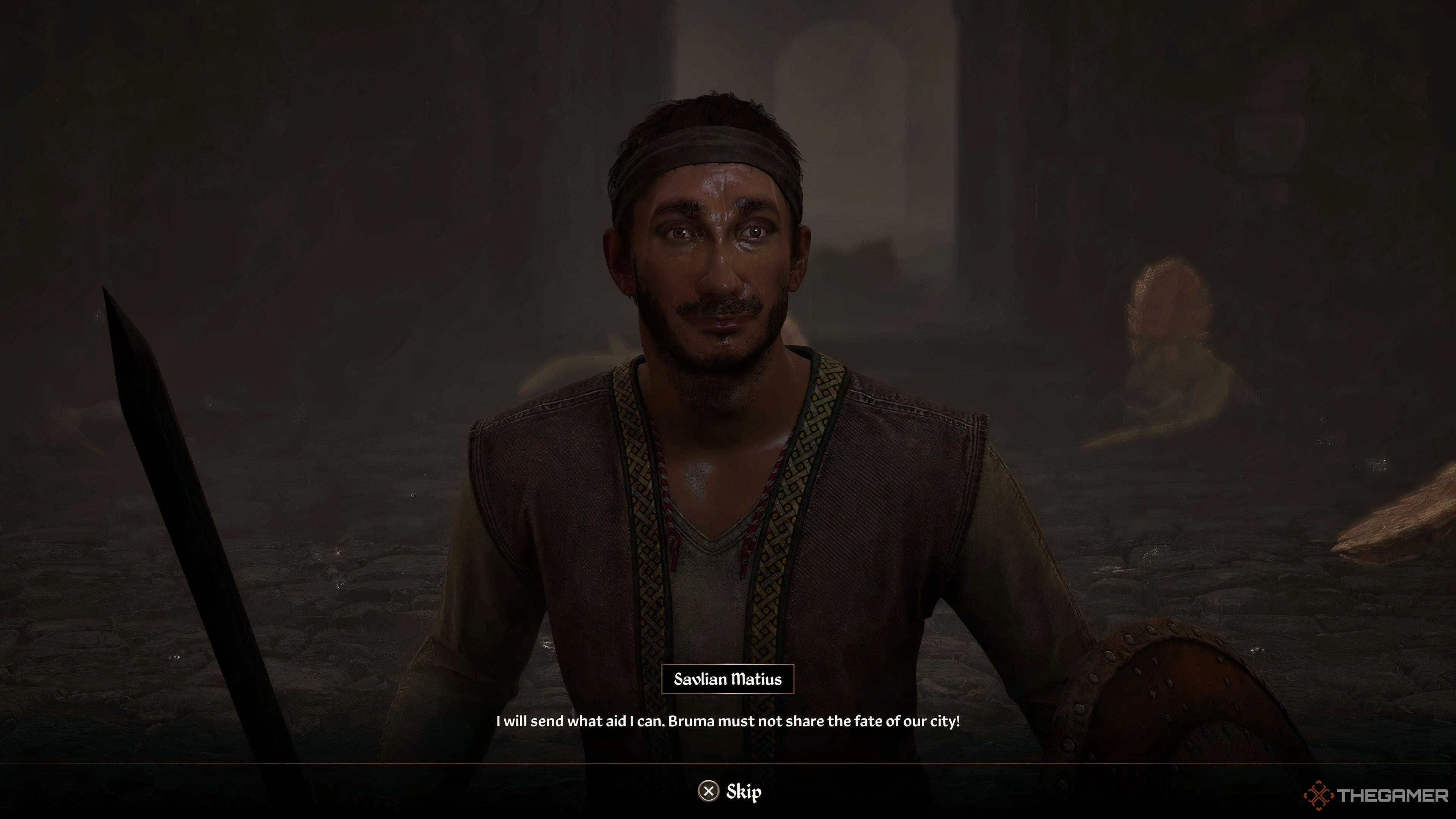 Savlian Matius speaking to the player in Kvatch Castle in Oblivion Remastered.