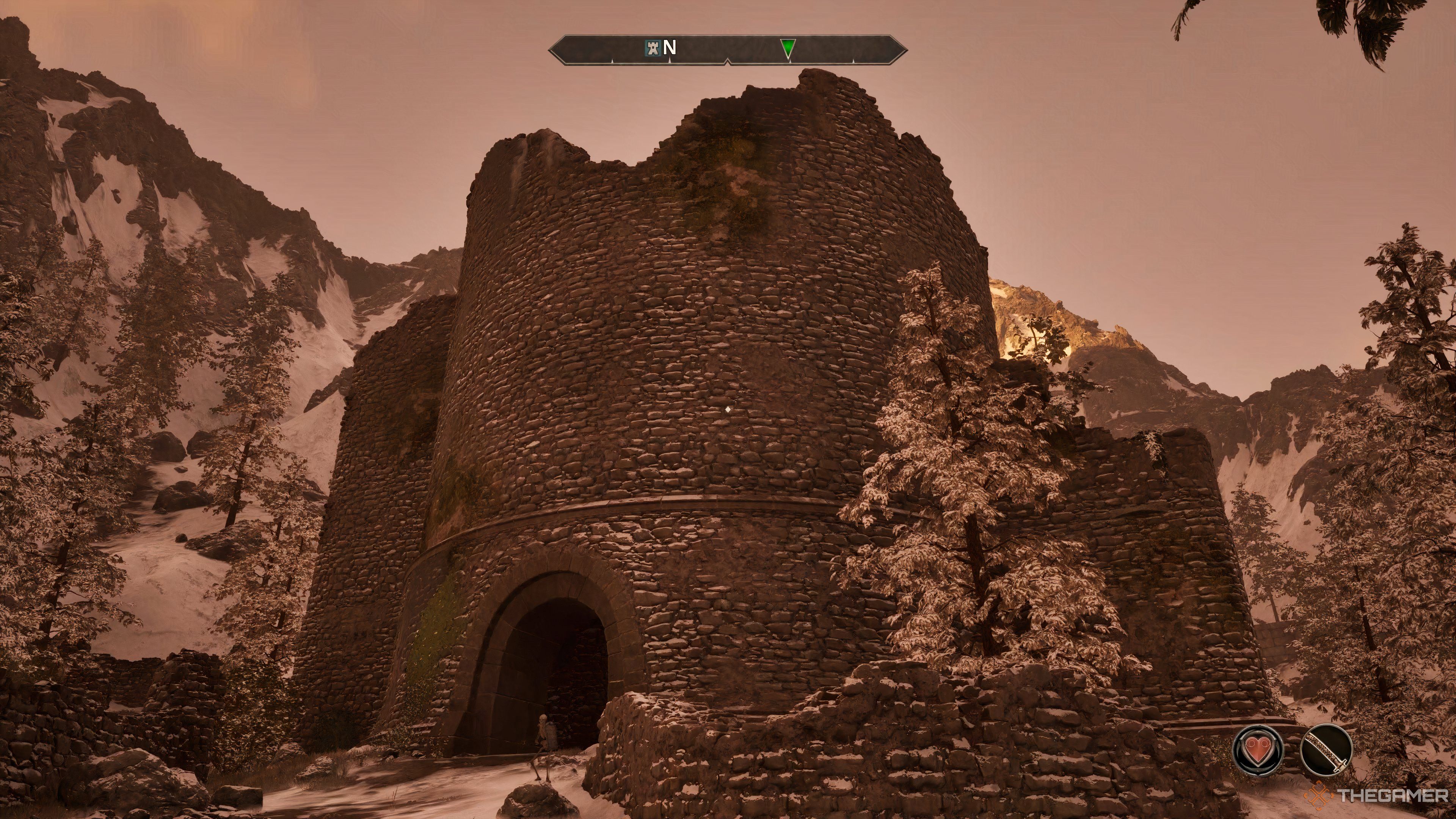 Главная башня замка Санкр Тор в снегу в Oblivion Remastered.