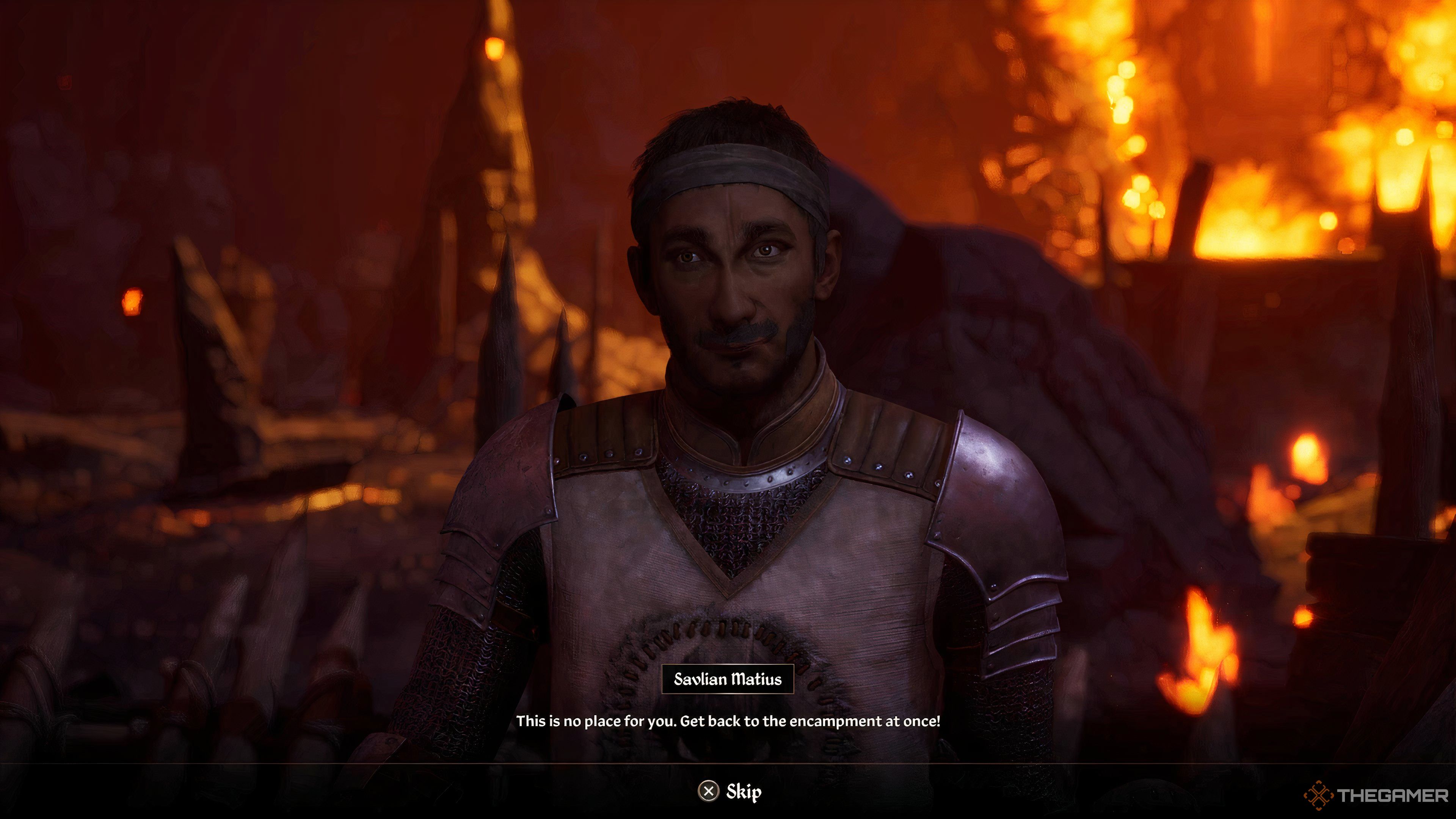 Player speaking with Savlian Matius outside a gate to Oblvion in Oblivion Remastered.