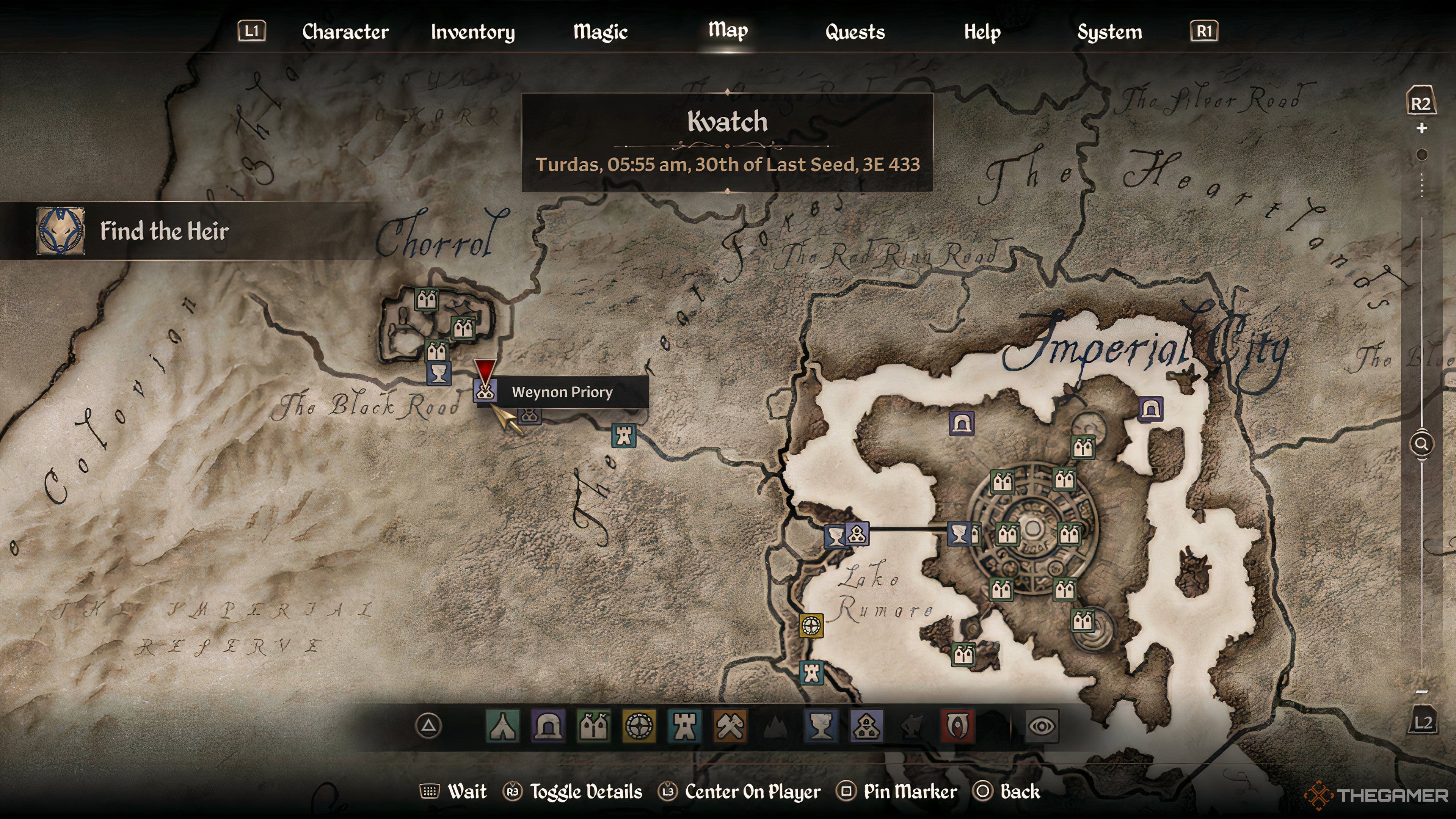 Map showing the starting location of the Find The Heir main story quest in Oblivion Remastered.