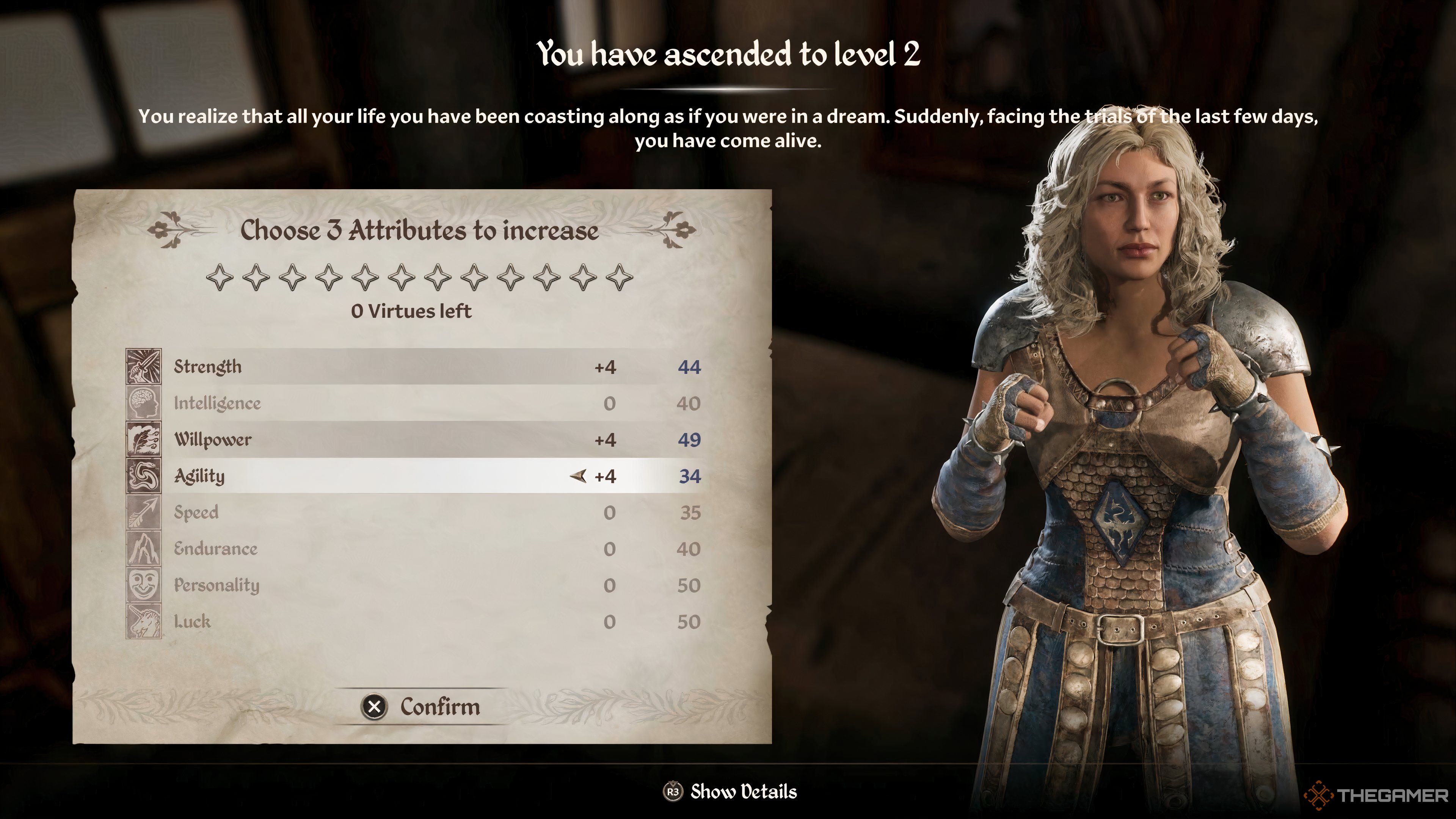 Экран повышения уровня персонажа с увеличением атрибутов в Oblivion Remastered.