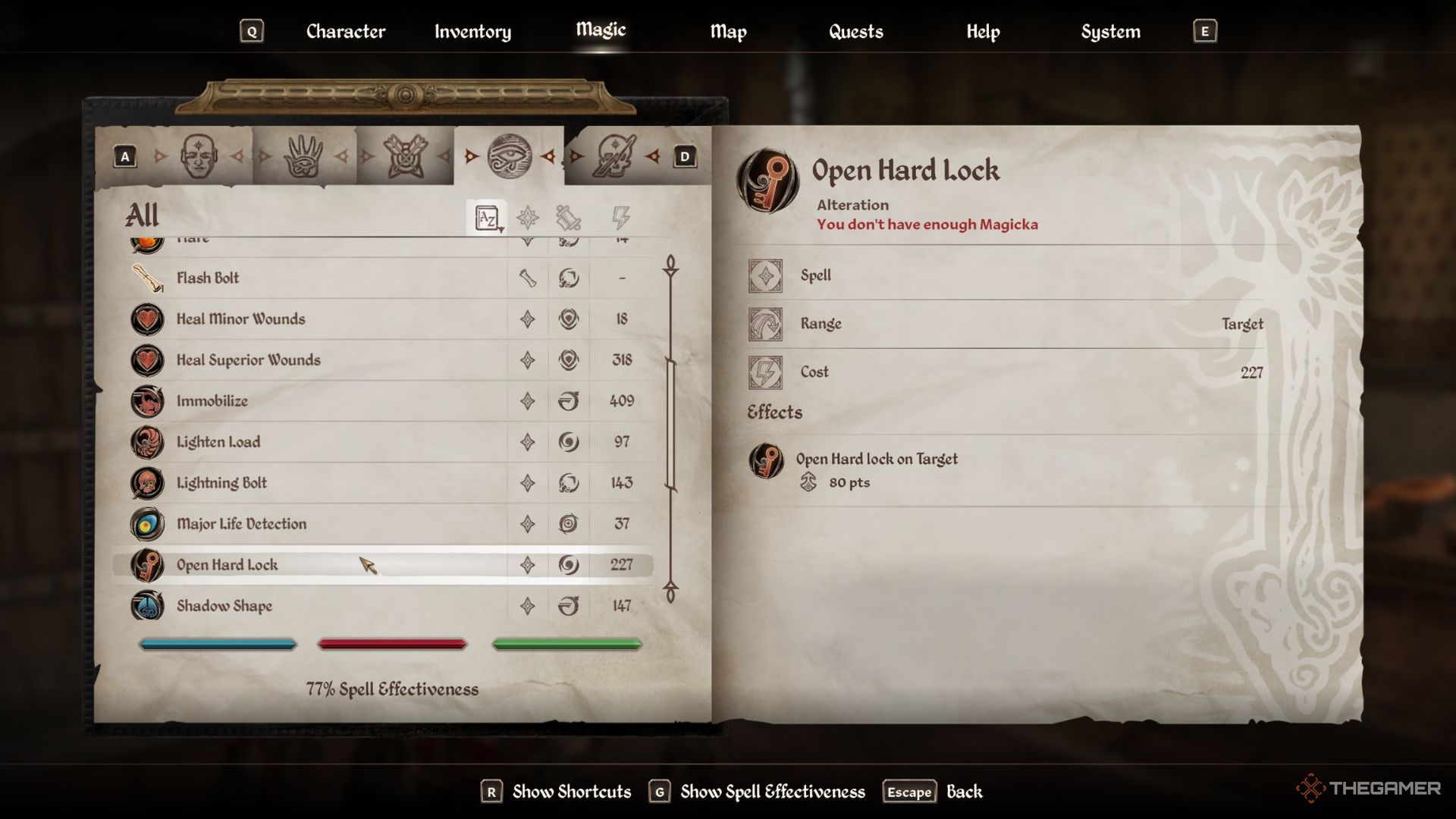 The player character shows the Open Hard Lock spell in his inventory in Oblivion Remastered.