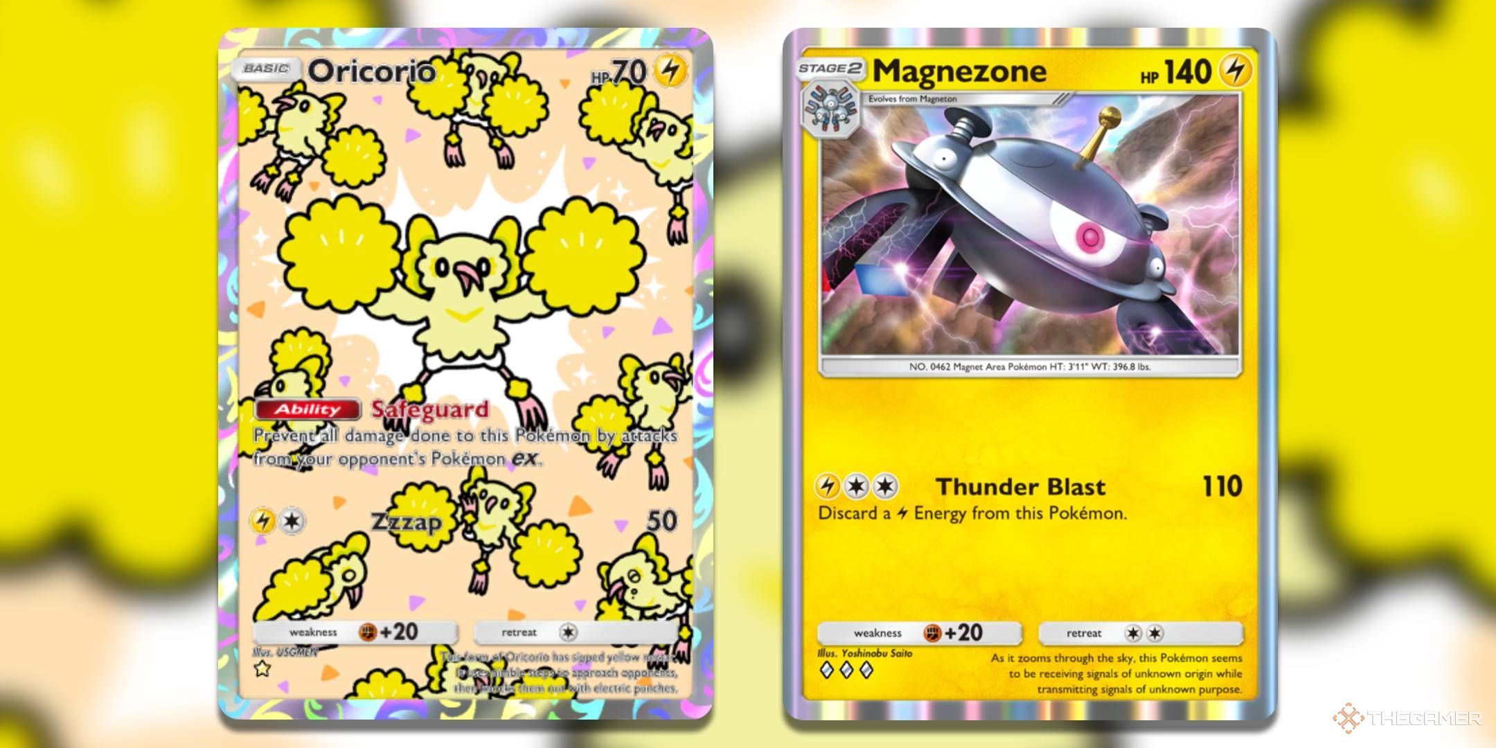 The Lightnging-type Oricorio card, from Celestial Guardians, and the Magnezone card, from Space-Time Smackdown, in Pokemon TCG Pocket.