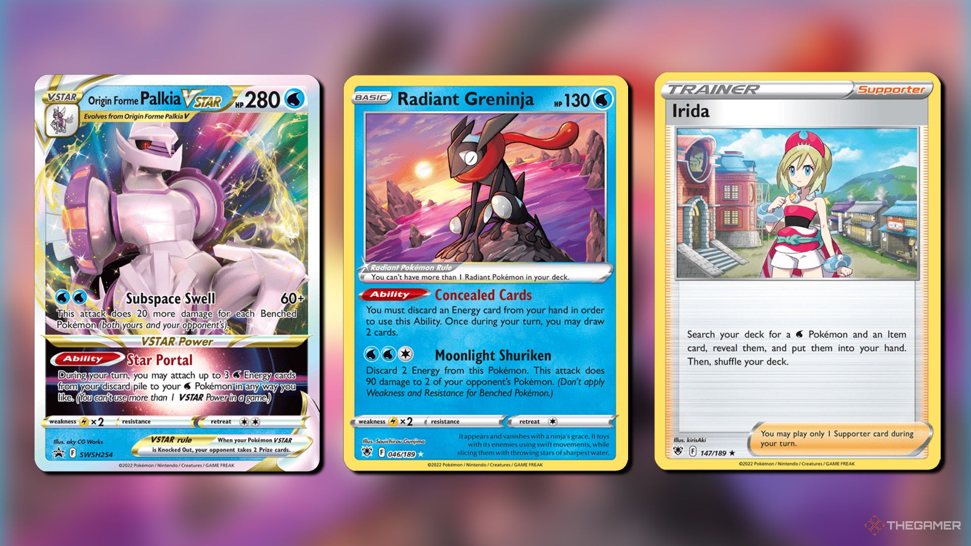 Origin Forme Palkia VSTAR, Radiant Greninja and Irida cards from Pokemon TCG.