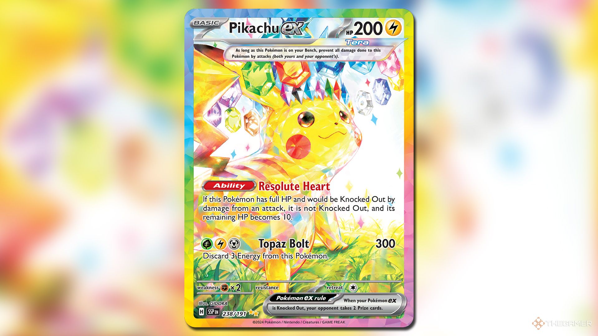 Pikachu ex from the Surging Sparks set in Pokemon TCG.