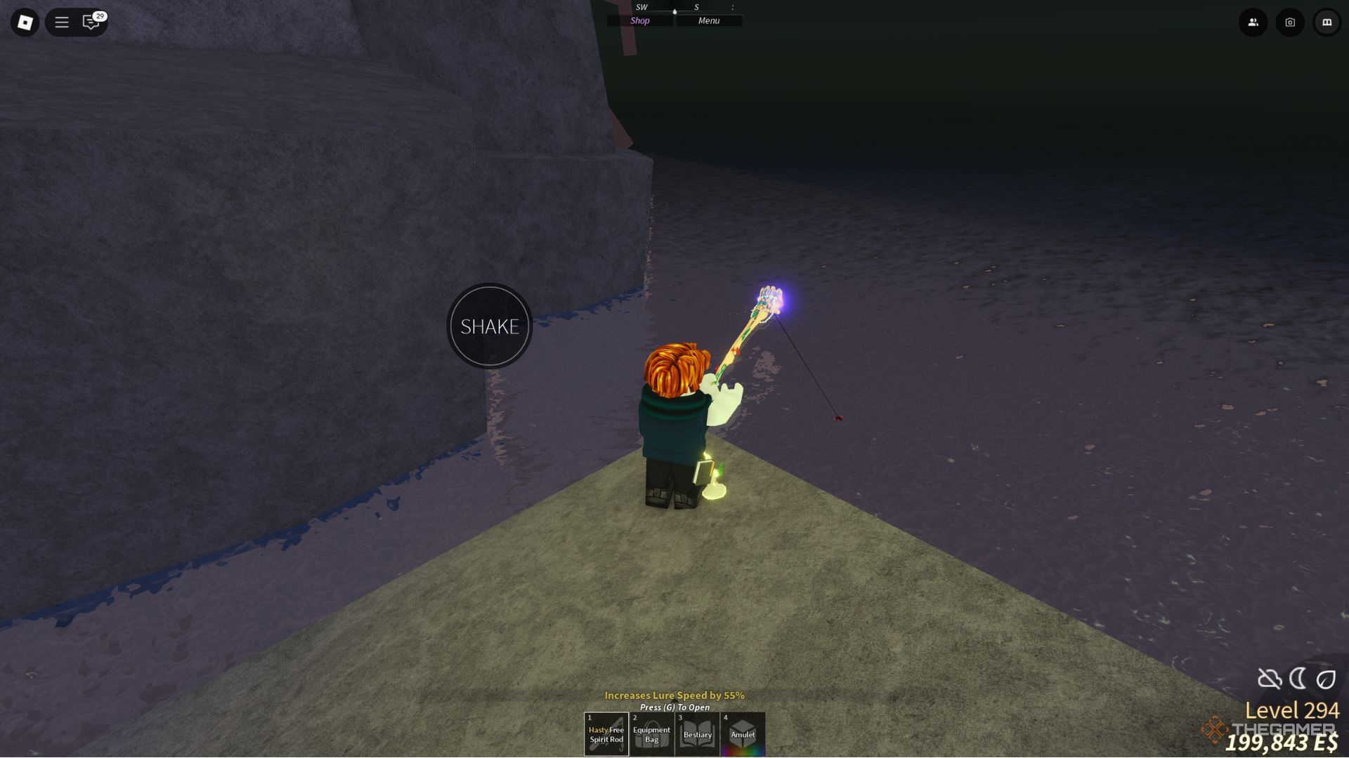 The player character is fishing on Lushgrove Island in Fisch.