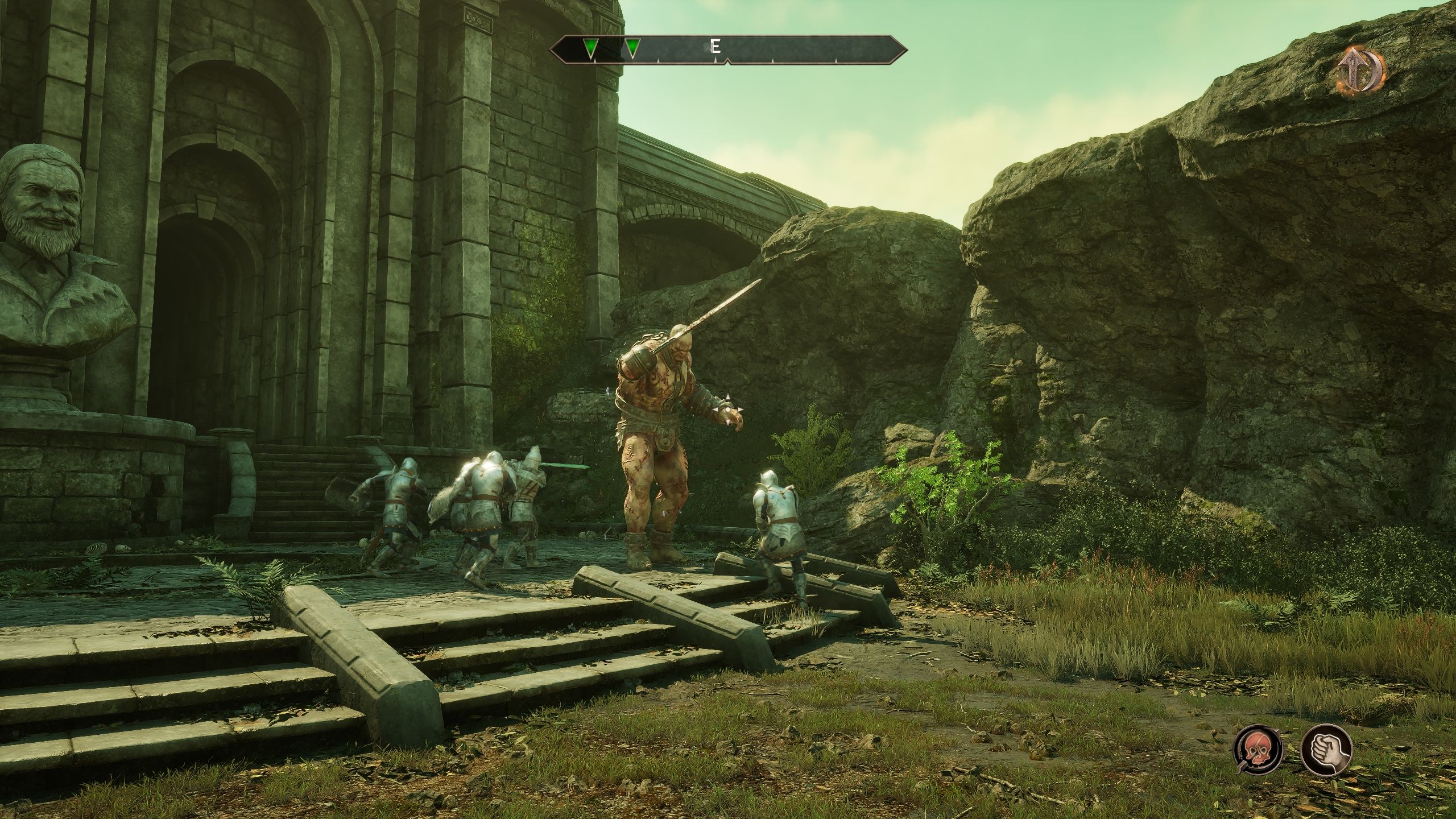 Player is looking at the gatekeeper fighting some people - Oblivion Remastered
