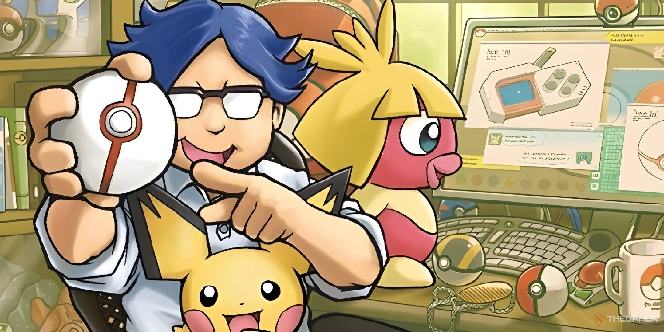 A Pokemon collector in front of his collection points to a Premier Ball in his right hand.