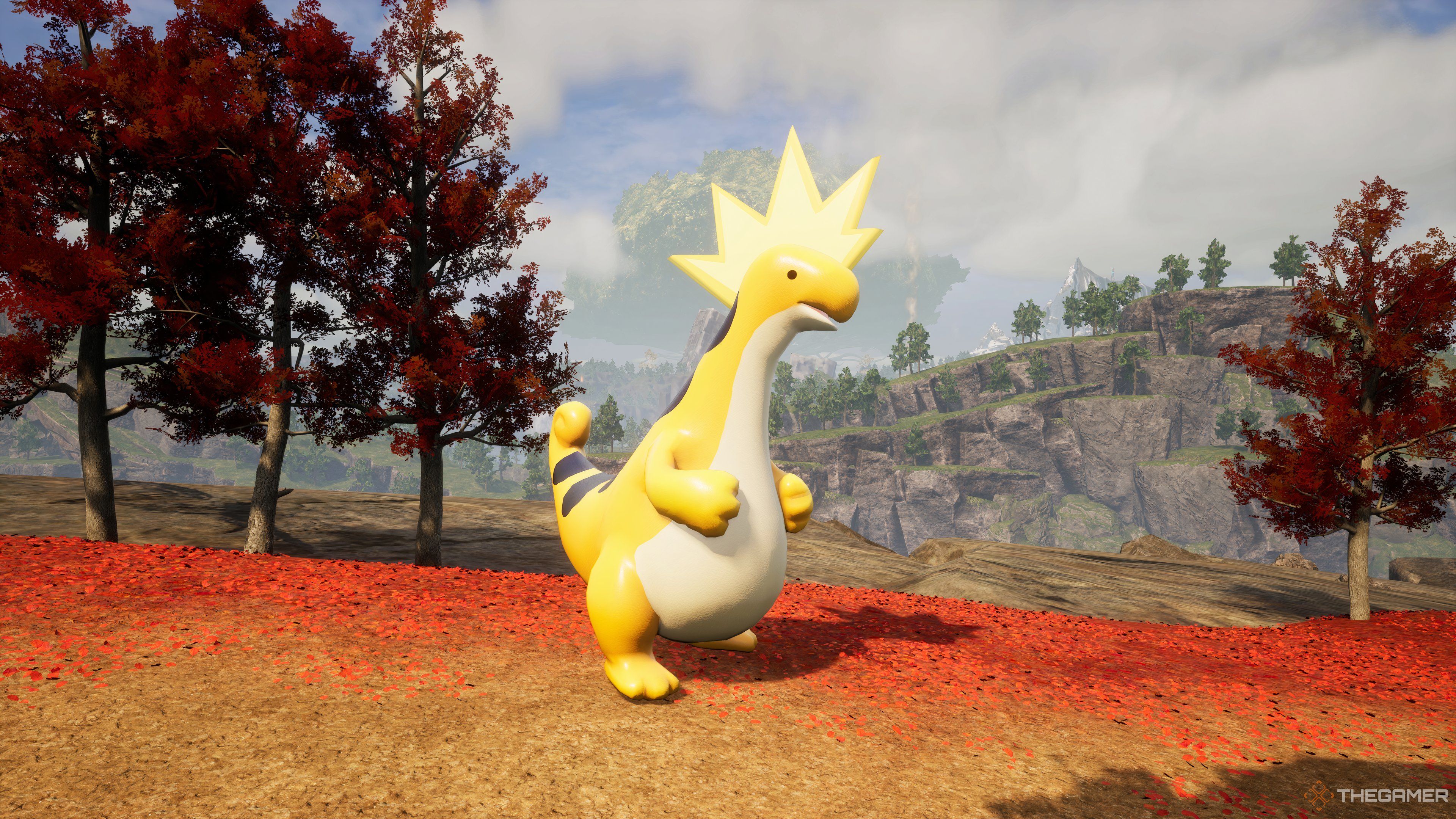 Relaxaurus Lux standing in the autumn zone with the world tree behind them. 