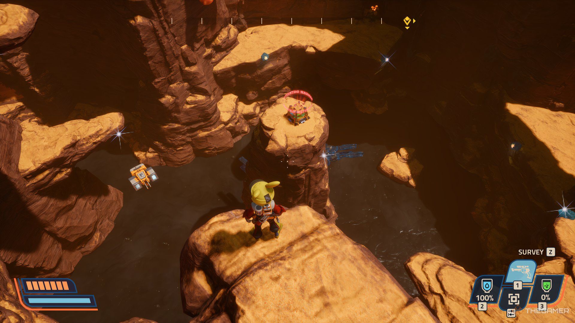 Player looking down at a Printer Slurry in Revenge of the Savage Planet. There is black sludge at the bottom.