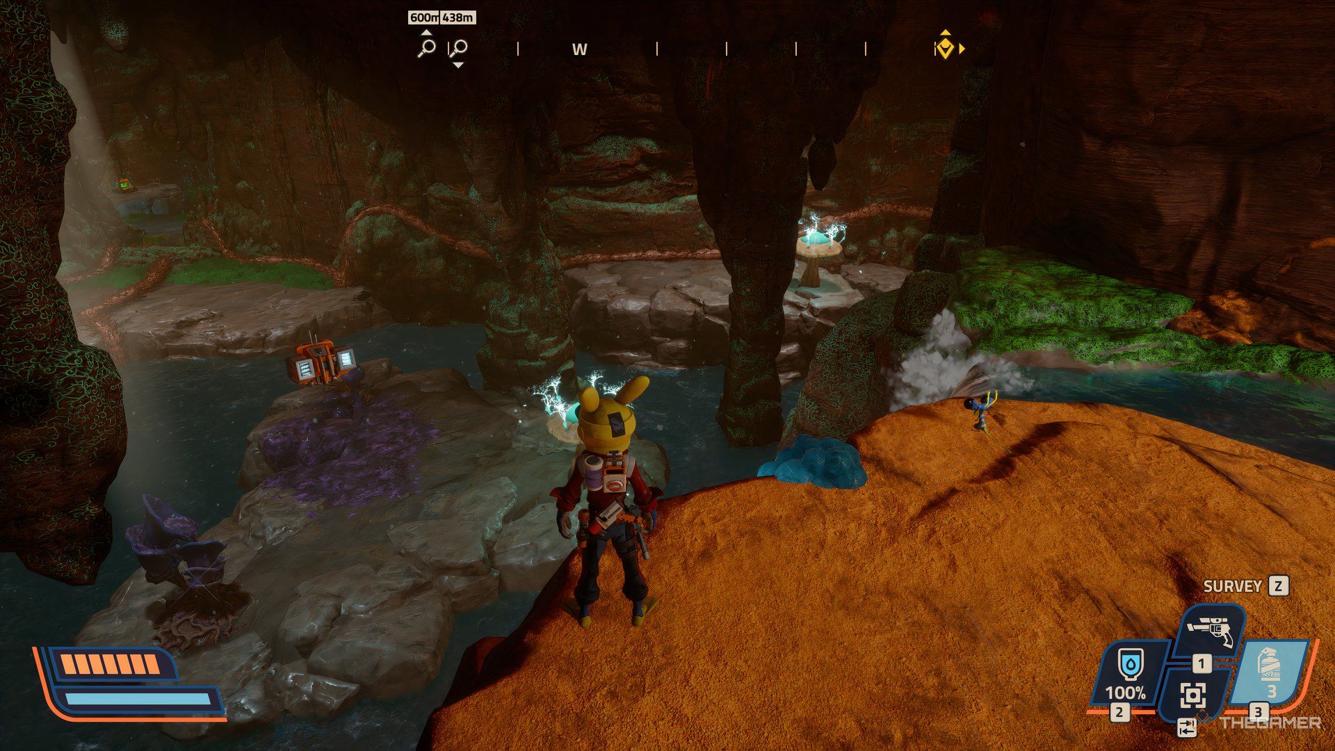 Player on top of waterfall in cave over looking a small cavern in Revenge of the Savage Planet.