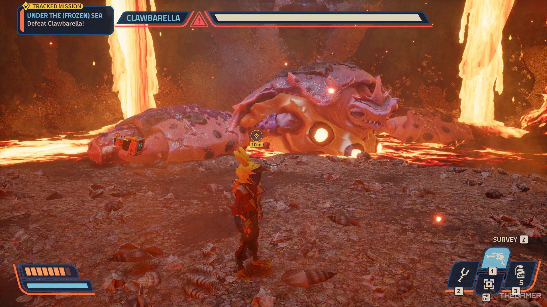 Player about to get attacked by the Clawberella boss in Revenge of the Savage Planet.