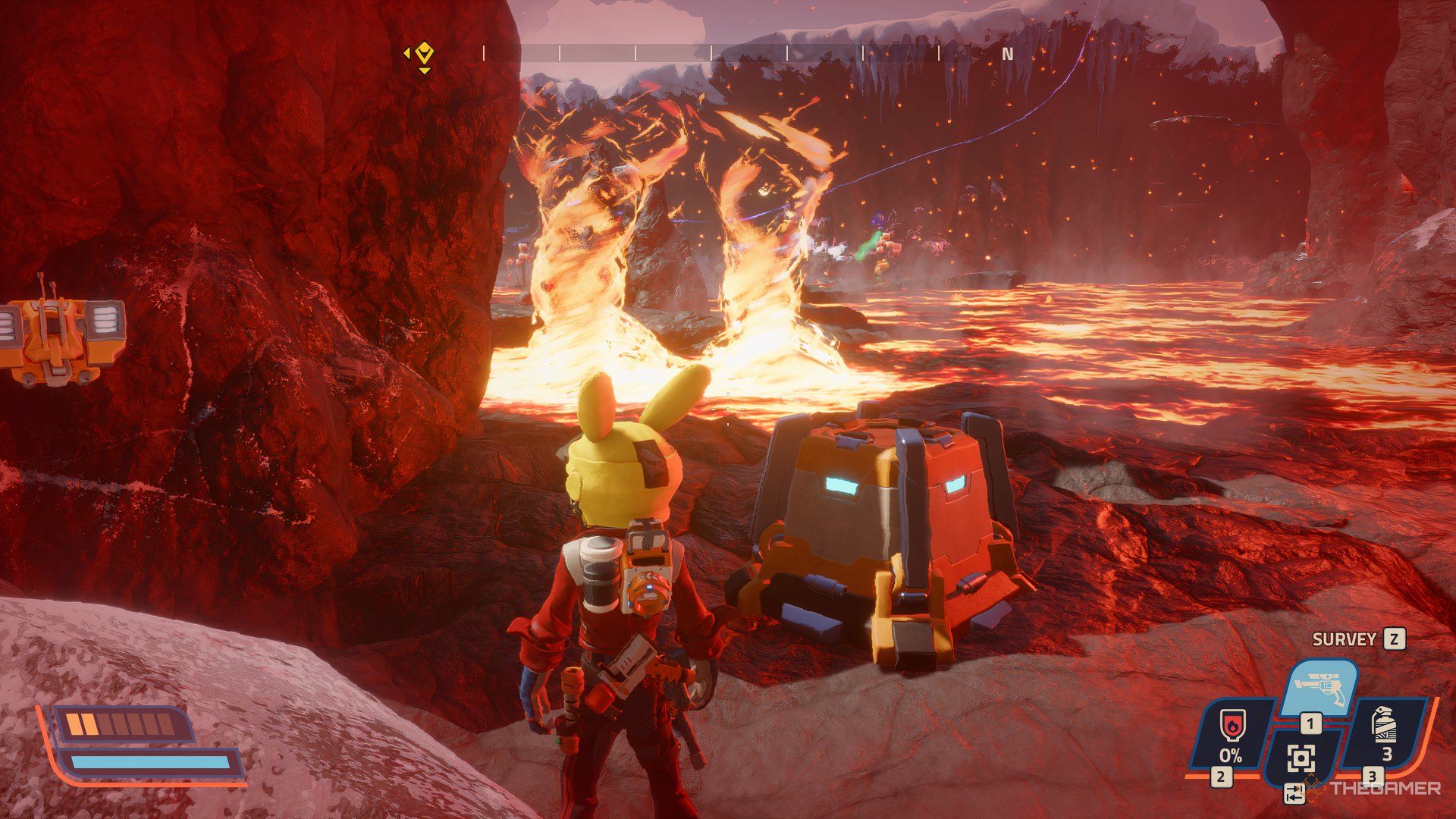 Player standing infront of crate with two fire torados forming in the lava in Revenge of the Savage Planet.