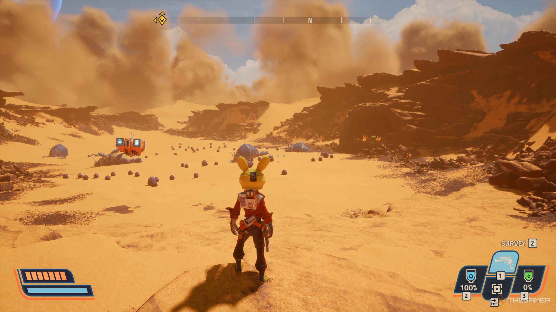 Player in the desert on Revenge of the Savage Planet. There are bugs in the distance with a floating robot on the left side of the player. 