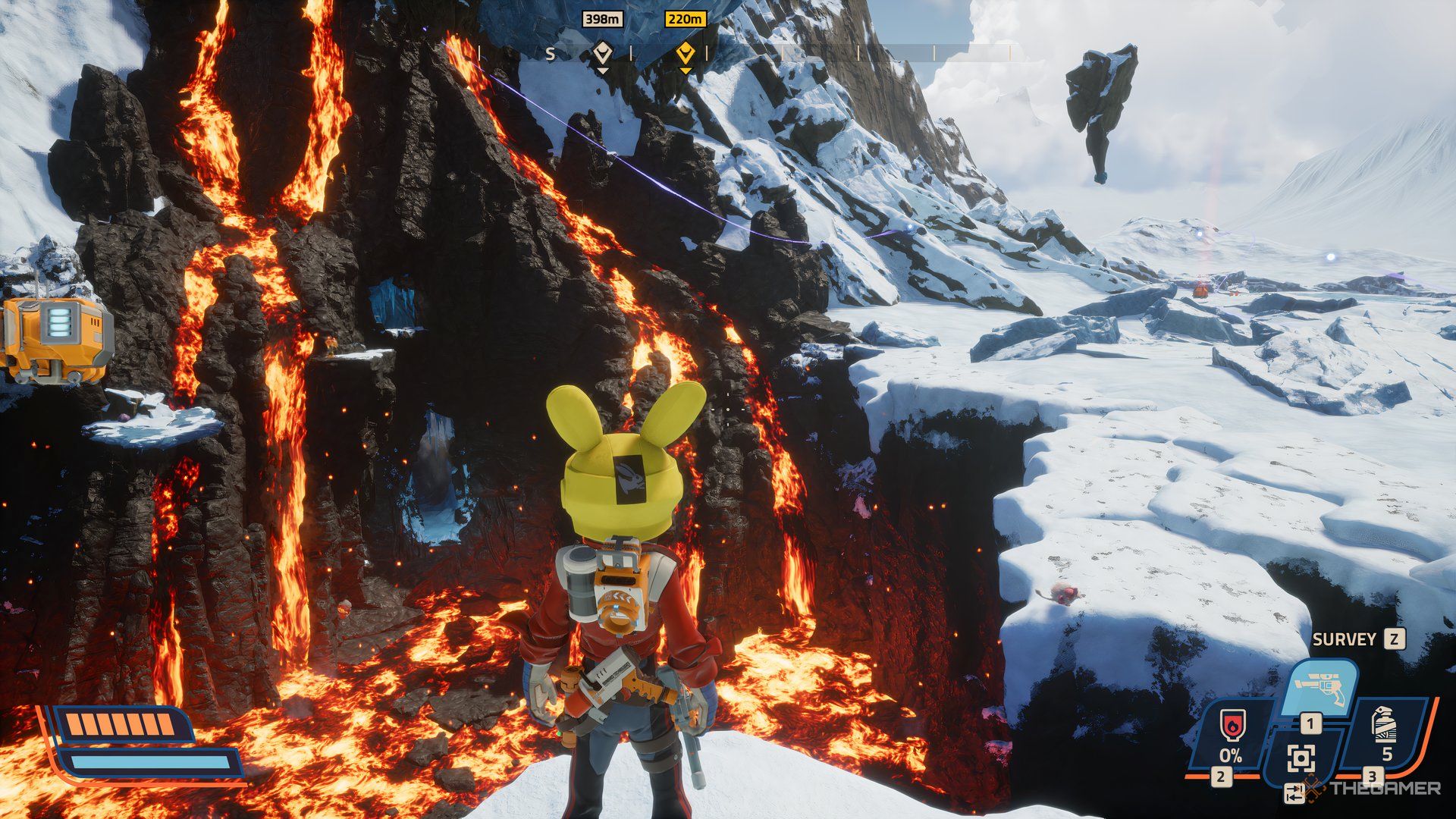 Player on top of a floating rock looking at lava in Revenge of the Savage Planet.