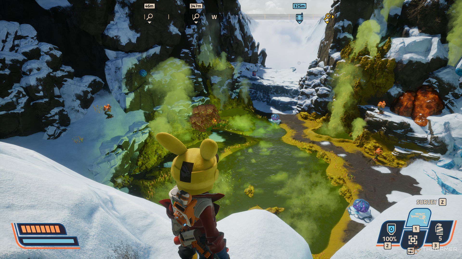 Player looking down at green toxic gas with snow and ice around it in Revenge of the Savage Planet.