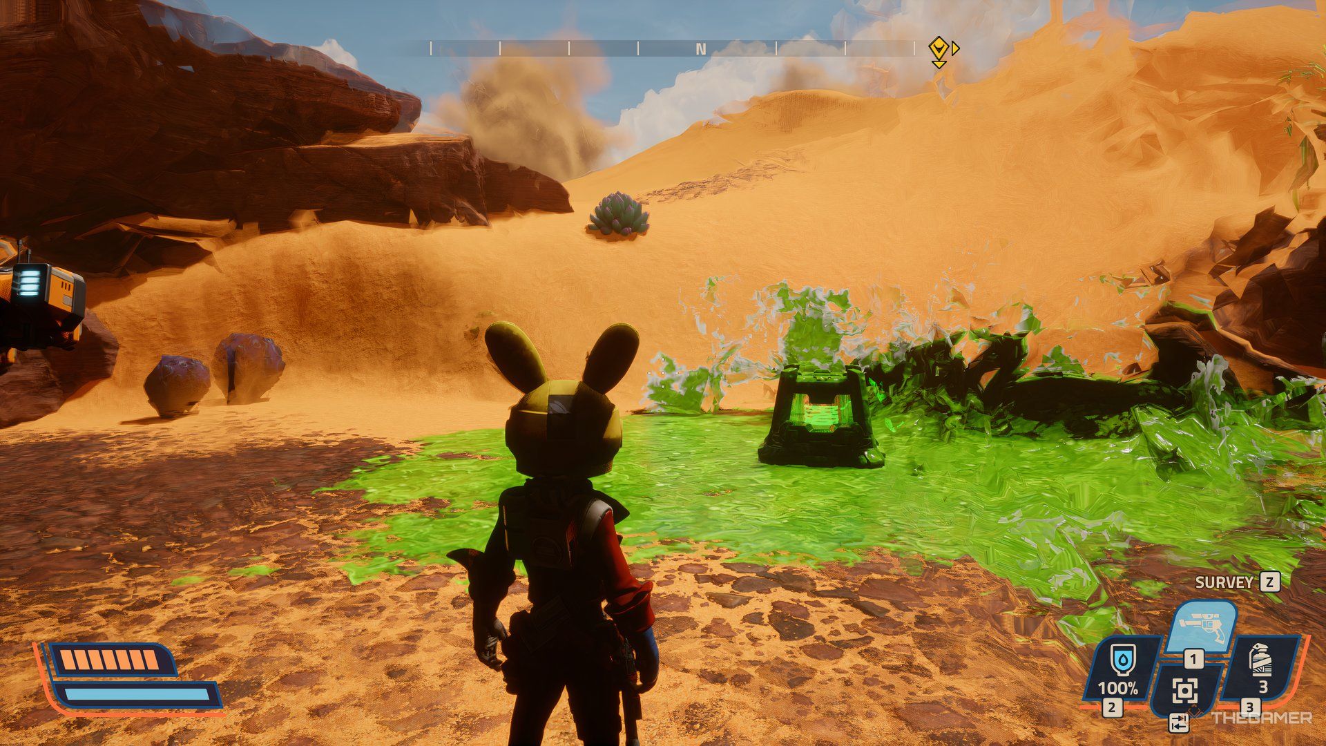 Player looking at Printer Slurry crate covered in green goo in Revenge of the Savage Planet