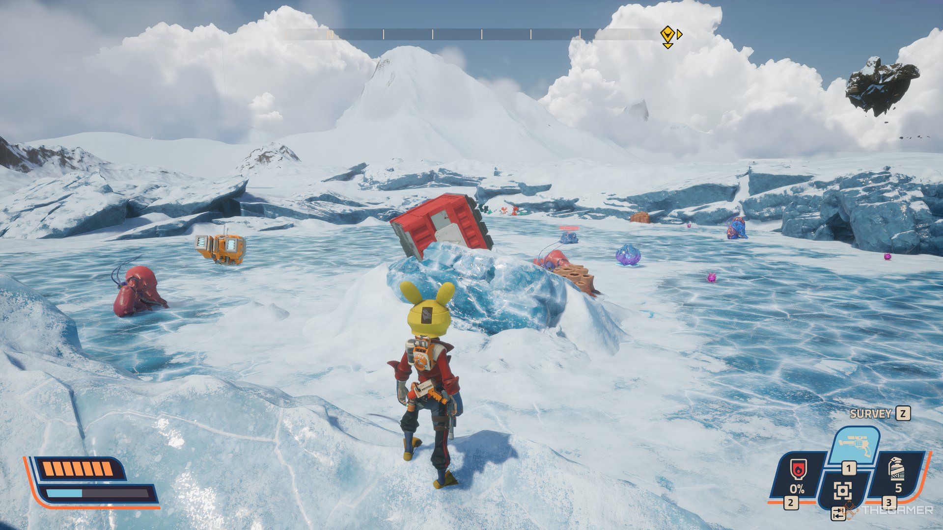 Player on a frozen lake with large storage crates scattered around. The main crate is off in the distance of Revenge of the Savage Planet.
