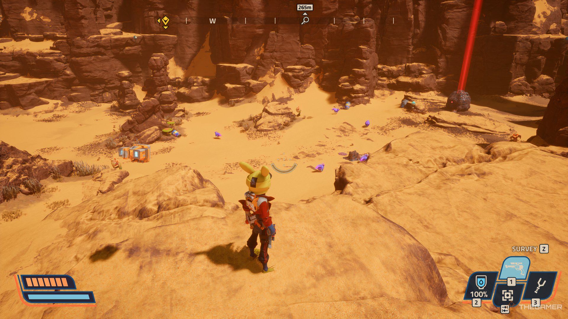 Player looking at locked Printer Slurry with a locked Teleporter in the distance in Revenge of the Savage Planet. There are small aliens infront of the player.