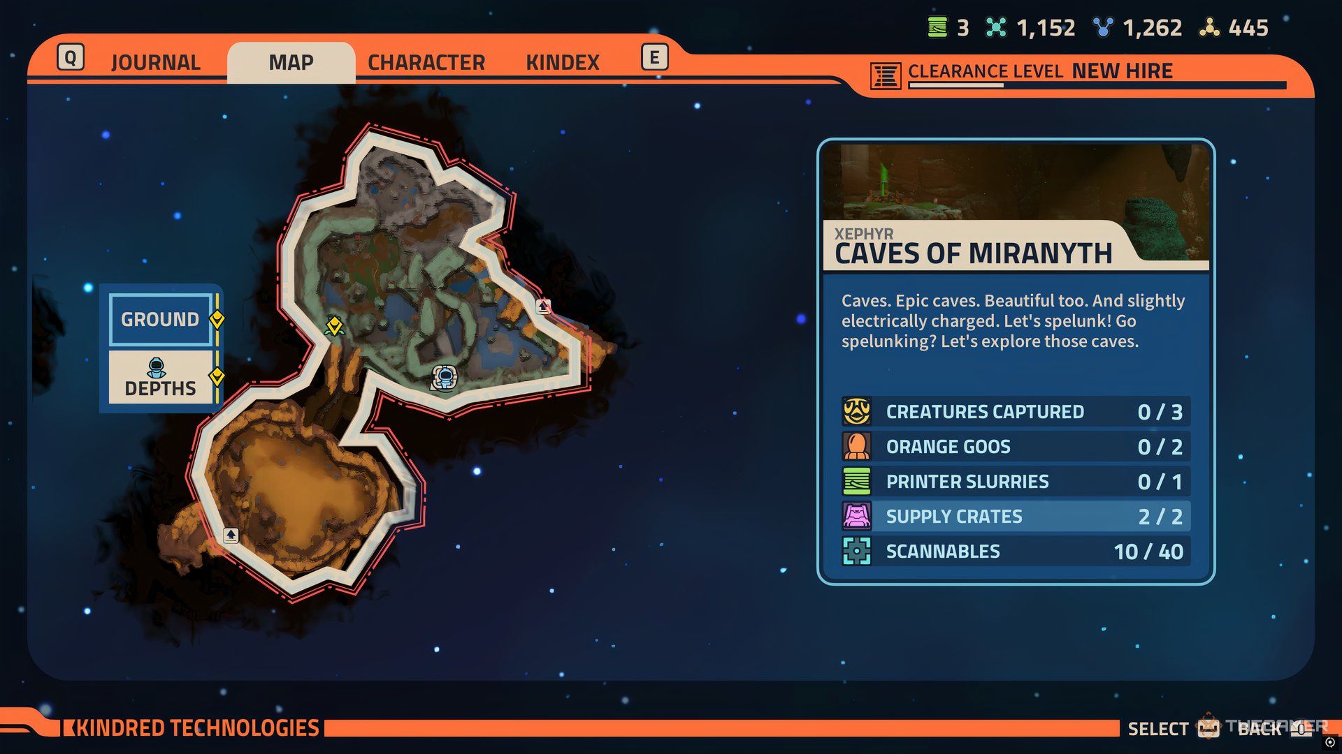 Players postion highlighted on the map of Revenge of the Savage Planet. On the right is the lable for the Caves of Miranyth.