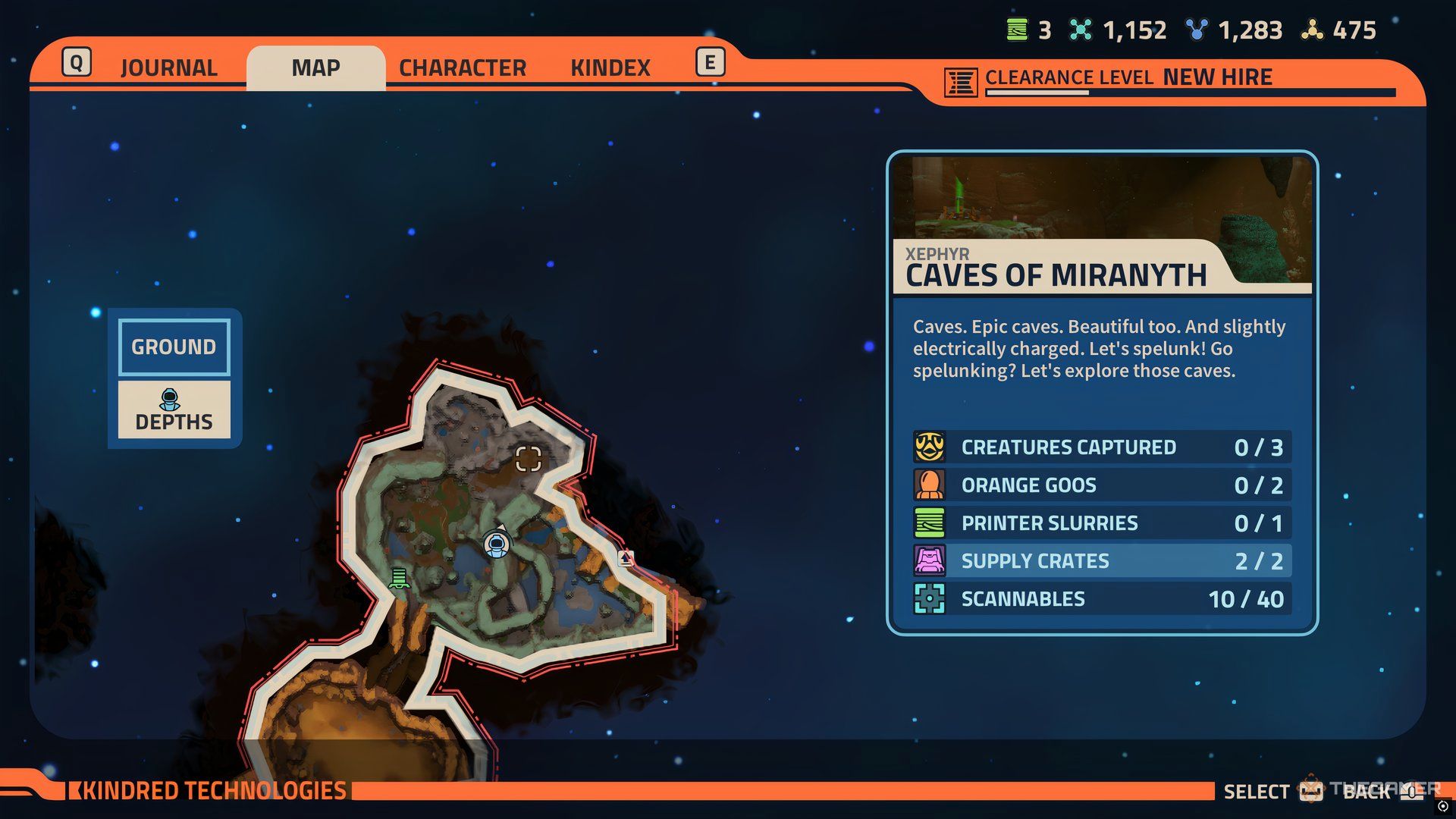The postion of the twelfth Printer Slurry highlighted on the map of Revenge of the Savage Planet. The Caves of Miranyth lable is on the right.