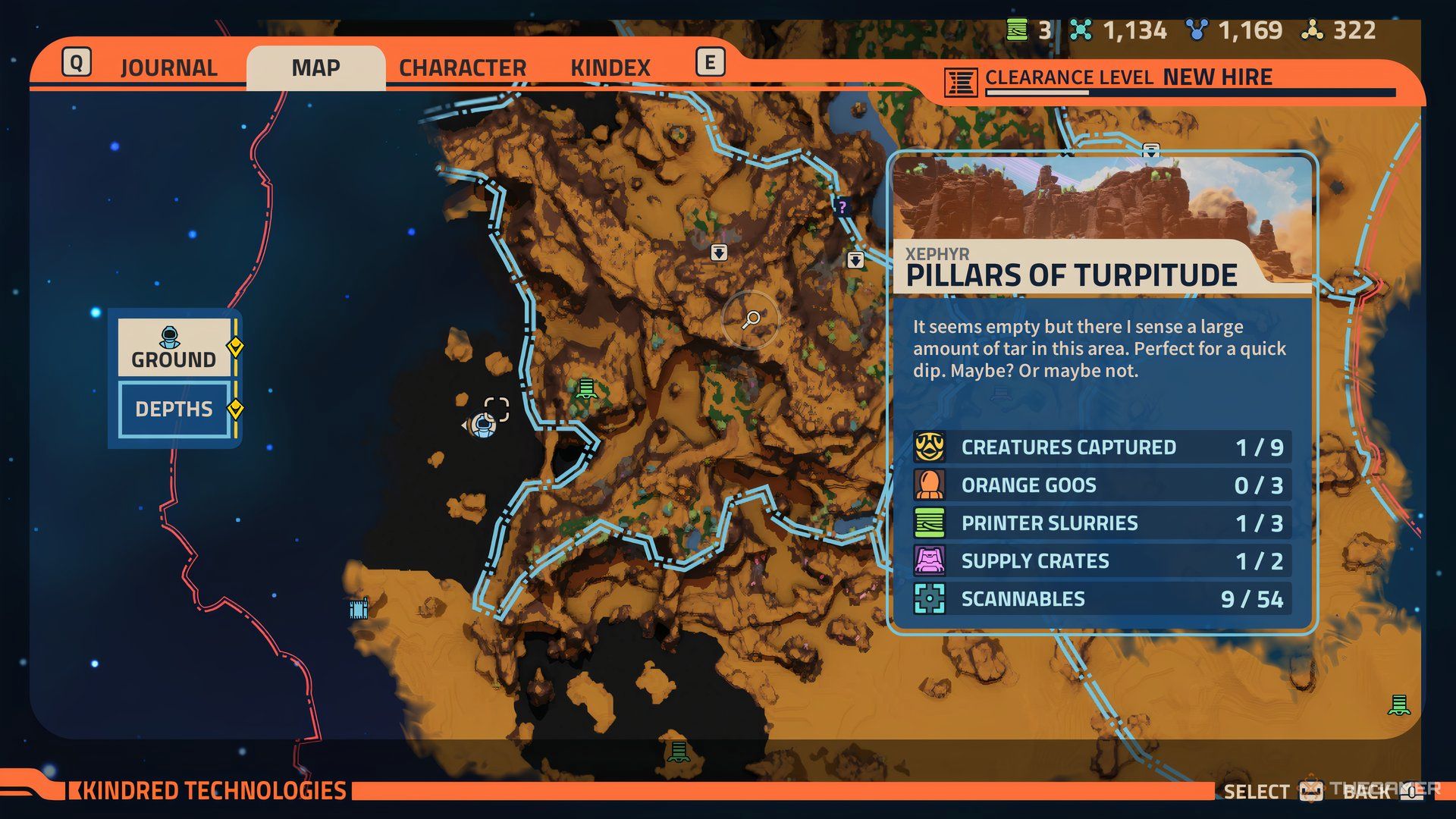 Player at the location of the second Printer Slurry on the map of Revenge of the Savage Planet. Pillars of Turpitude is displayed on the right.