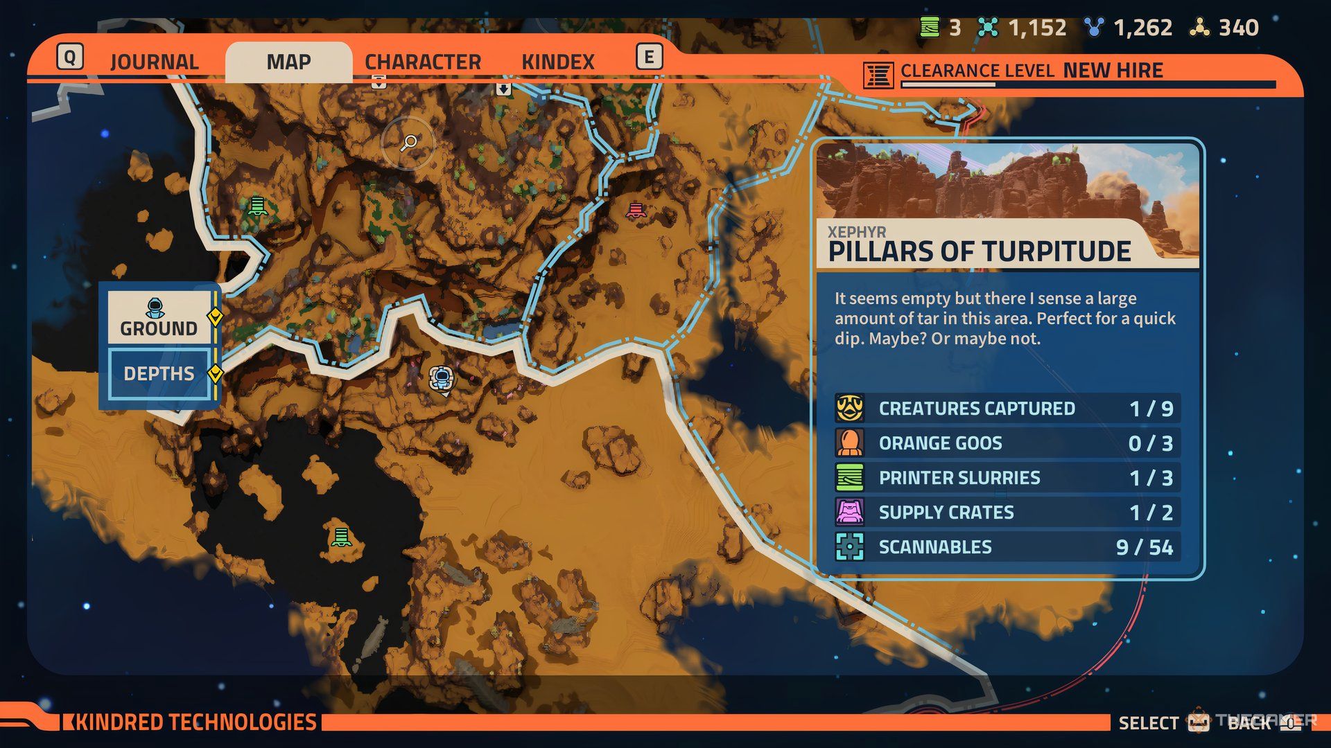 Players location selected on the map of Revenge of the Savage Planet. There is also a Pillars of Turpitude lable on the right.