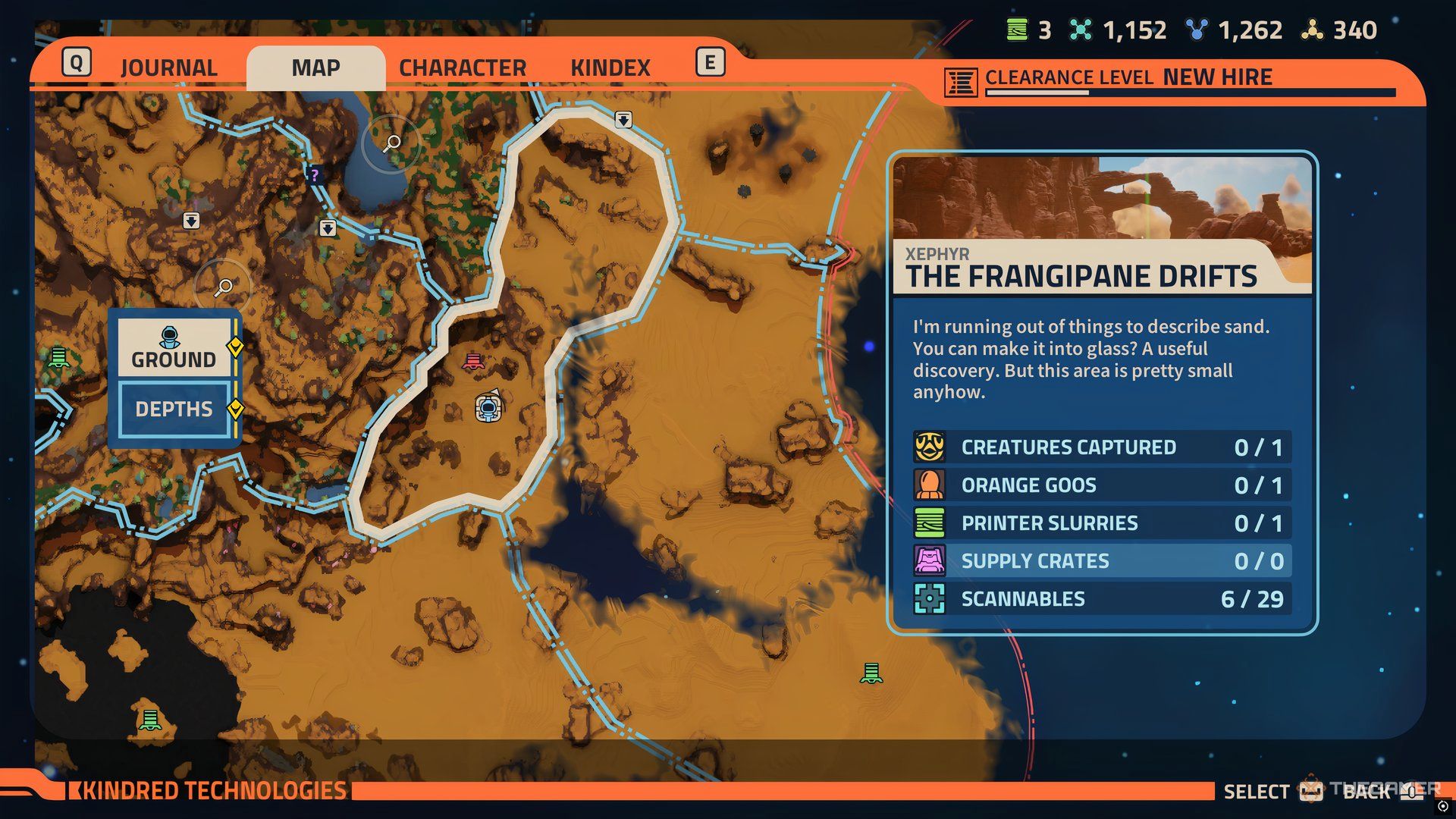 Player's postion of highlighted at the fourth Printer Slurry's location on the map of Revenge of the Savage Planet. The lable for The Frangipane Drifts is on the right. 