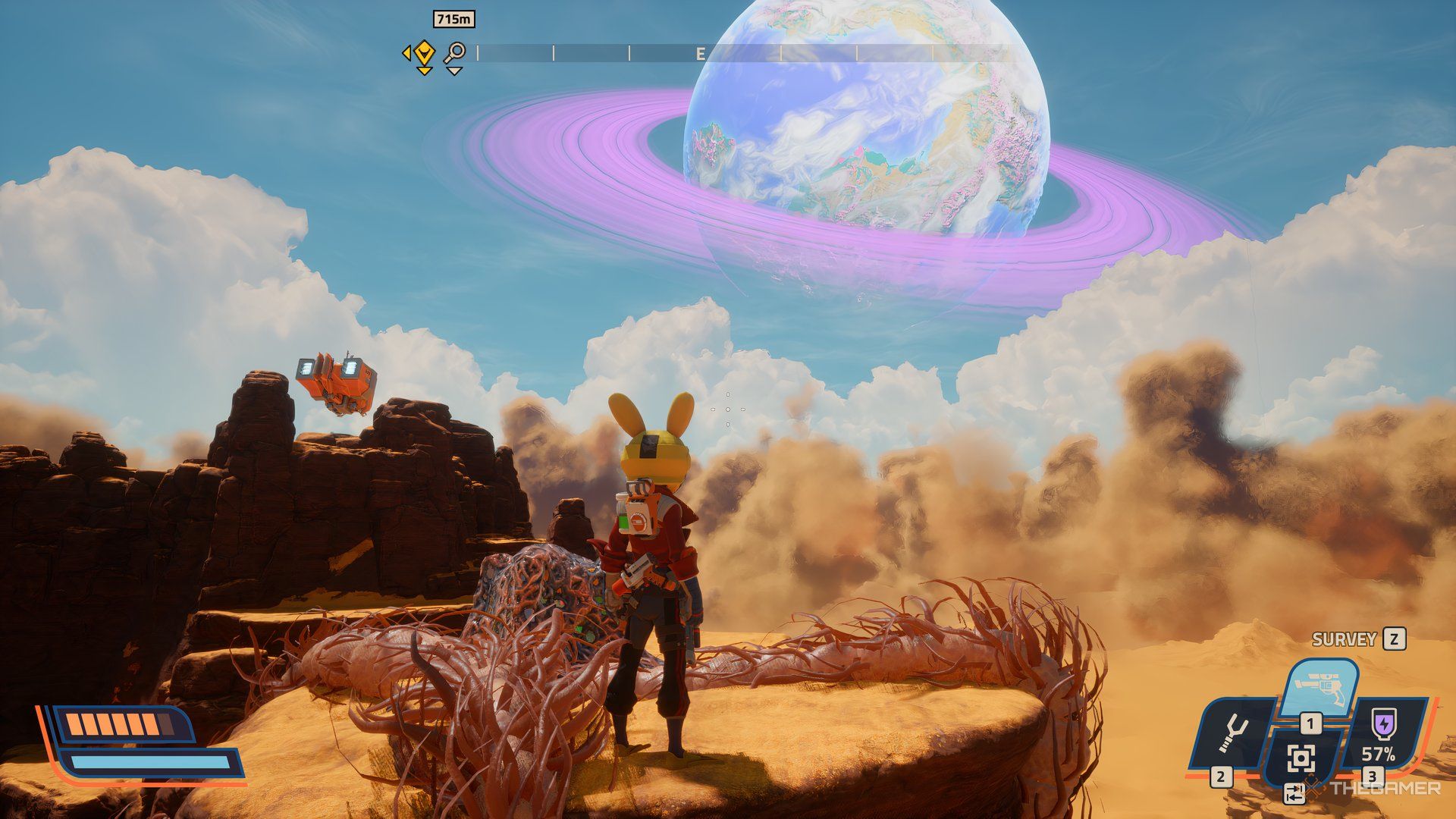 Player with the fifth Printer Slurry with a ringed planet above in the background in Revenge of the Savage Planet. Below is a sandstorm. 