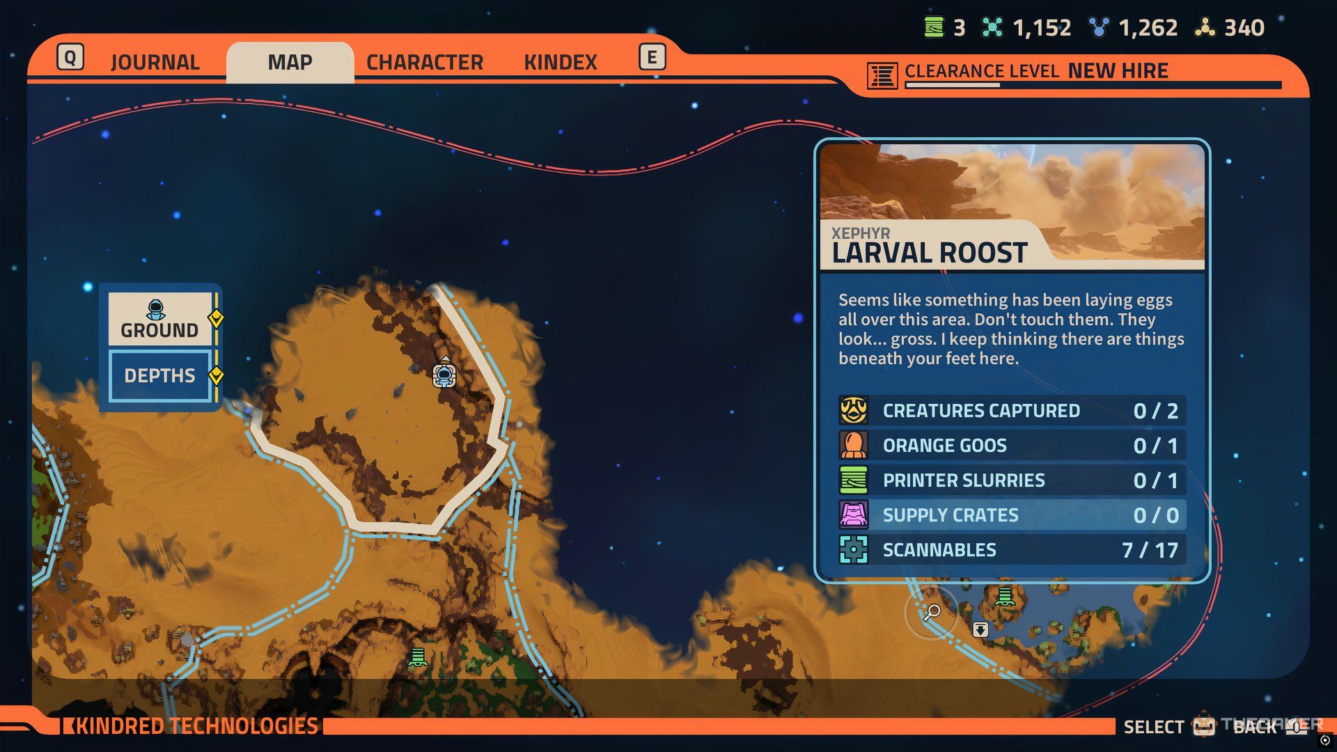 Player at the location of the seventh Printer Slurry in Revenge of the Savage Planet. Larval Roost is labled on the right. 