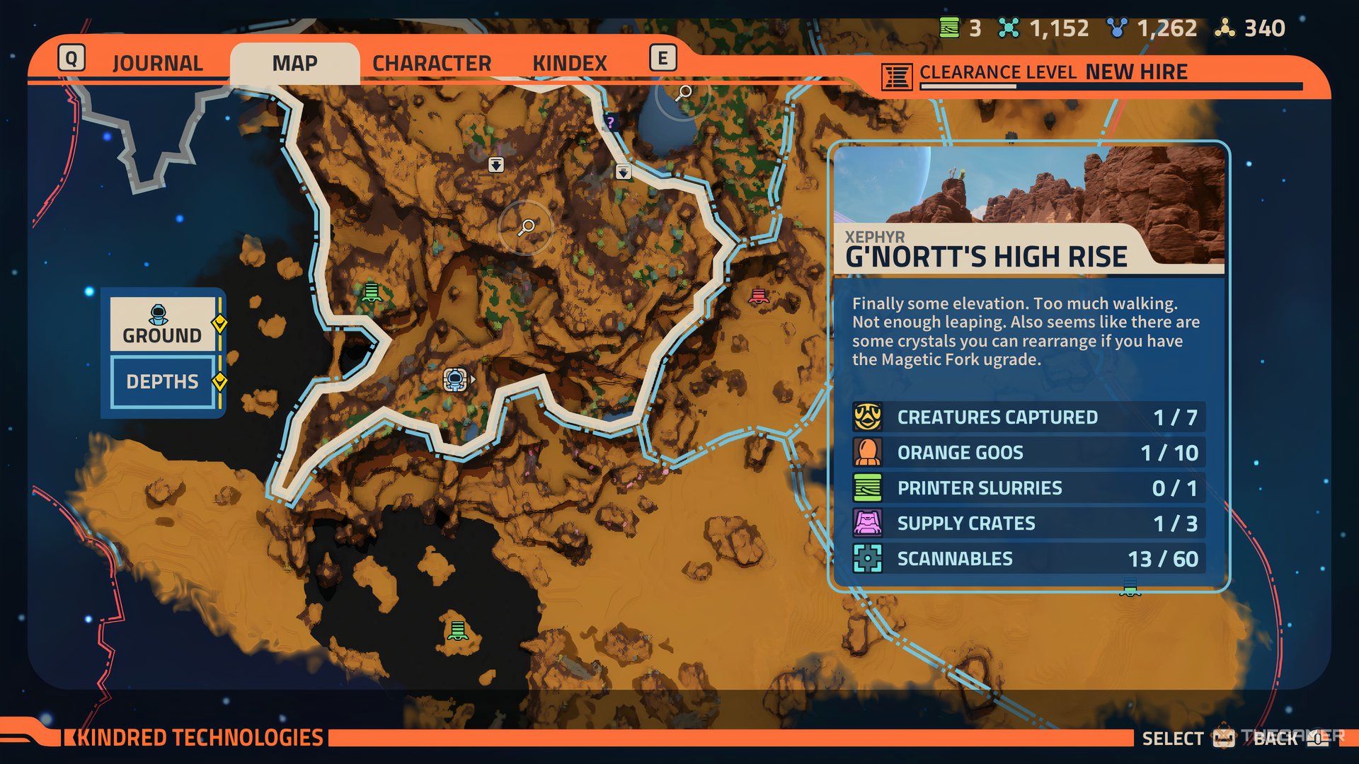 Player at the fifth Printer Slurry's location on the map of Revenge of the Savage Planet. The lable for G'Nortt's High Rise is on the right. 