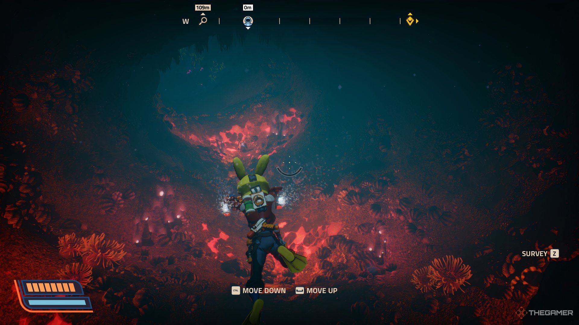 Player in water using the scooter to go deeper in Revenge of the Savage Planet. There are plants with red lights coming out of them in front of the player.