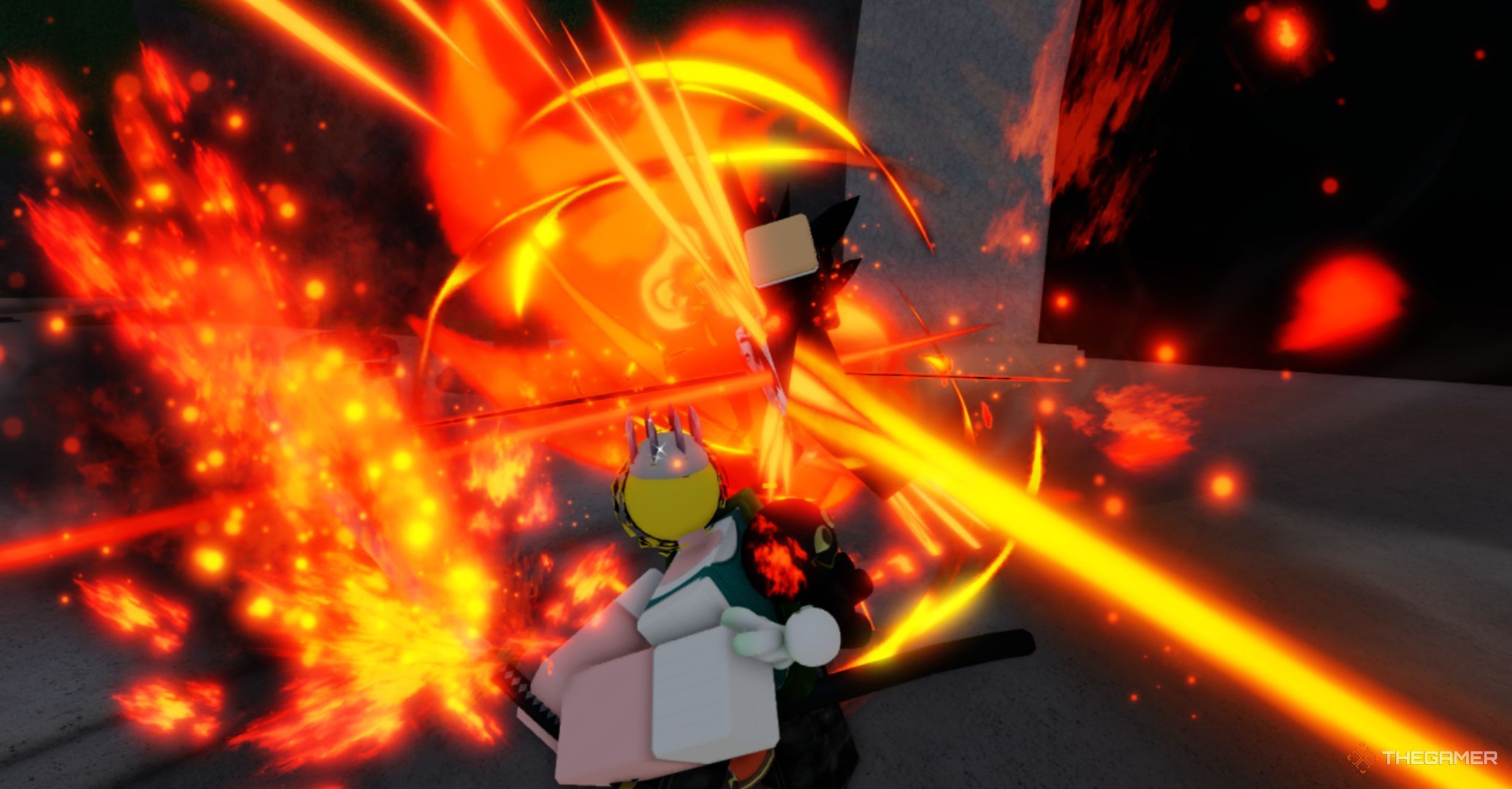 Roblox The Strongest Battlegrounds – Blade Master Solar Cleave Attack, Player with a katana covered with fire attacking with a special power.