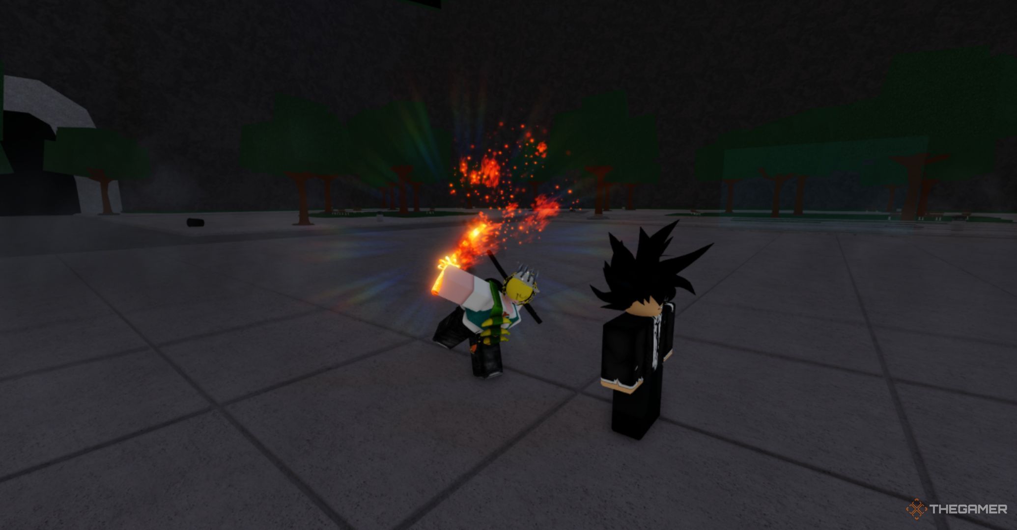 Roblox The Strongest Battlegrounds – Blade Master Atomic Slash Attack, Player charging a special attack with the katana behind the enemy.