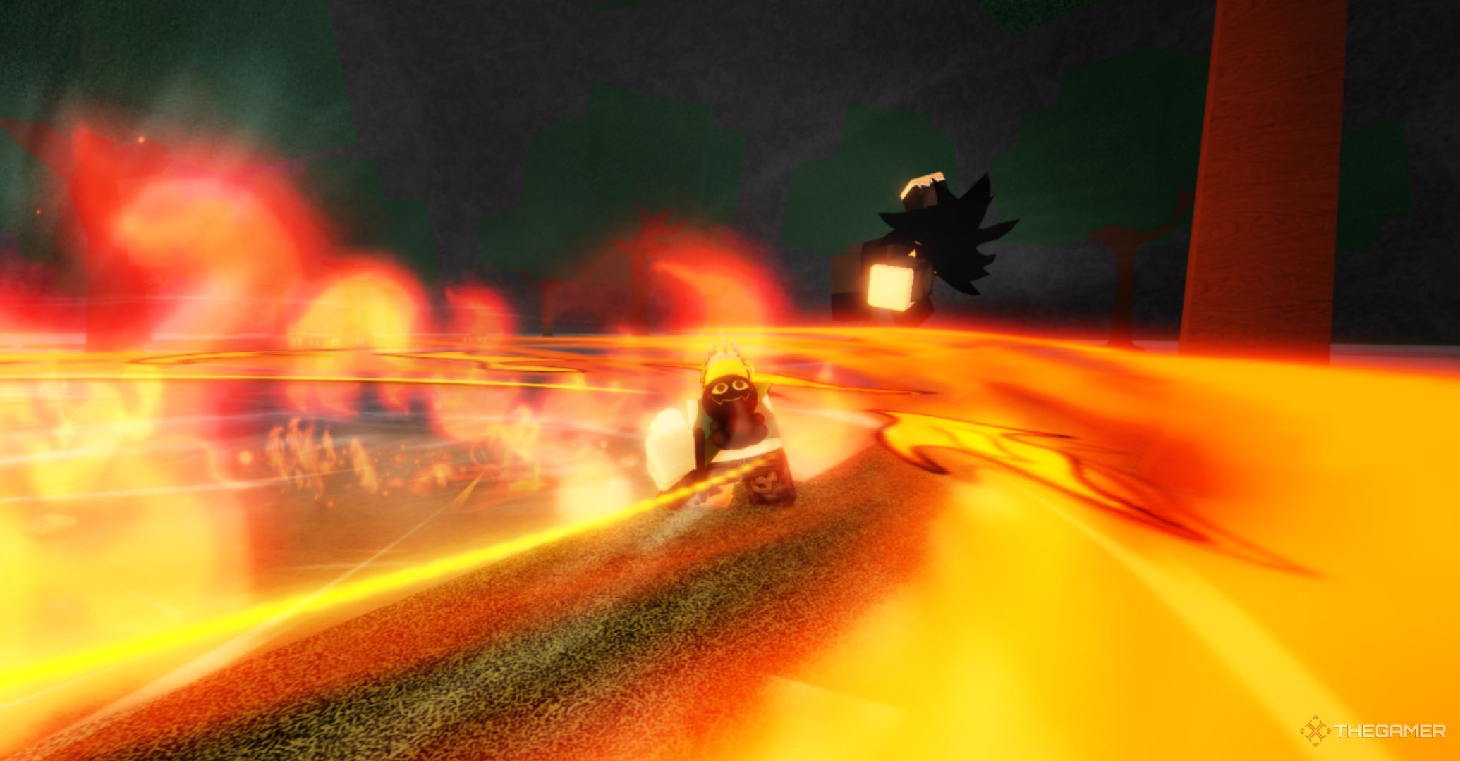 Roblox The Strongest Battlegrounds – Blade Master Special Attack, player's attack creating an expansive fire slingshot.