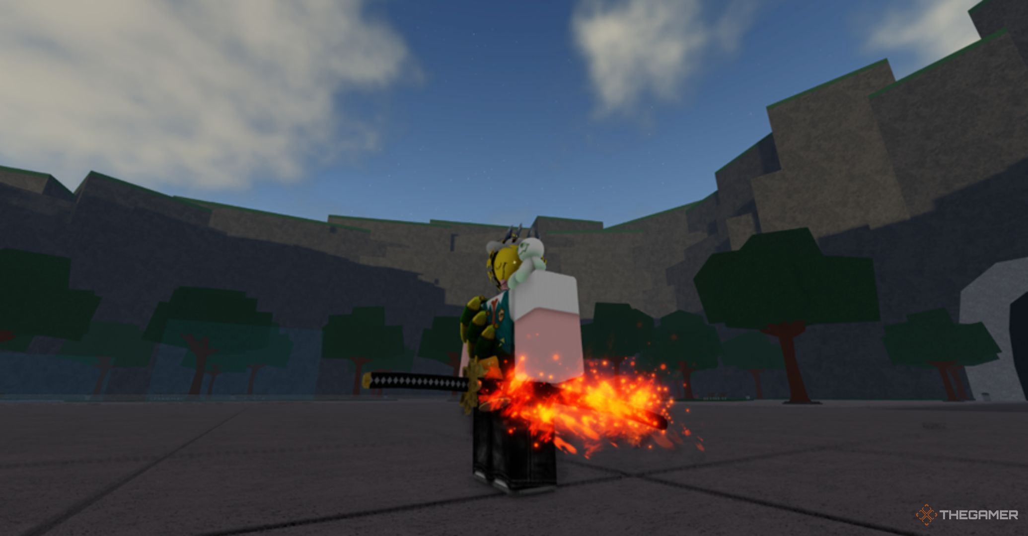 Roblox The Strongest Battlegrounds – character with sword in flames.