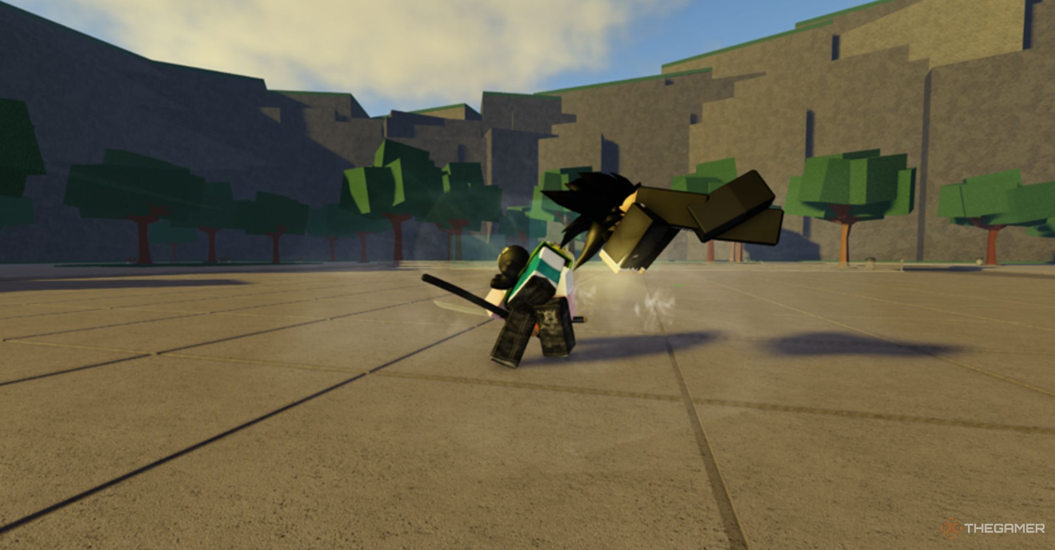 Roblox The Strongest Battlegrounds – Blade Master Pinpoint Cut Attack, Player attacking a dummy flying in the air.