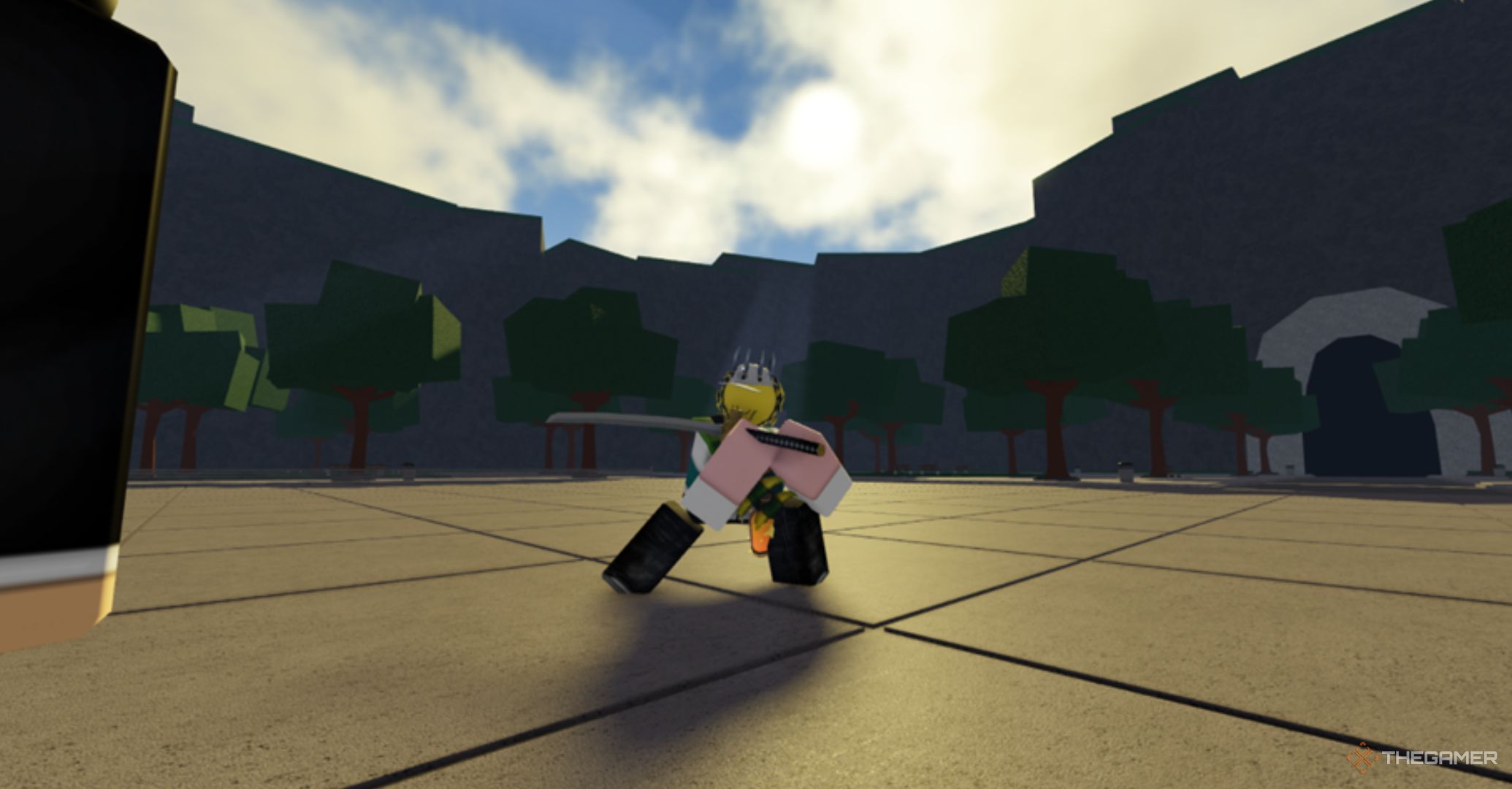Roblox The Strongest Battlegrounds – Blade Master Split Second Counter Attack, Player in defensive position with a katana in hand.