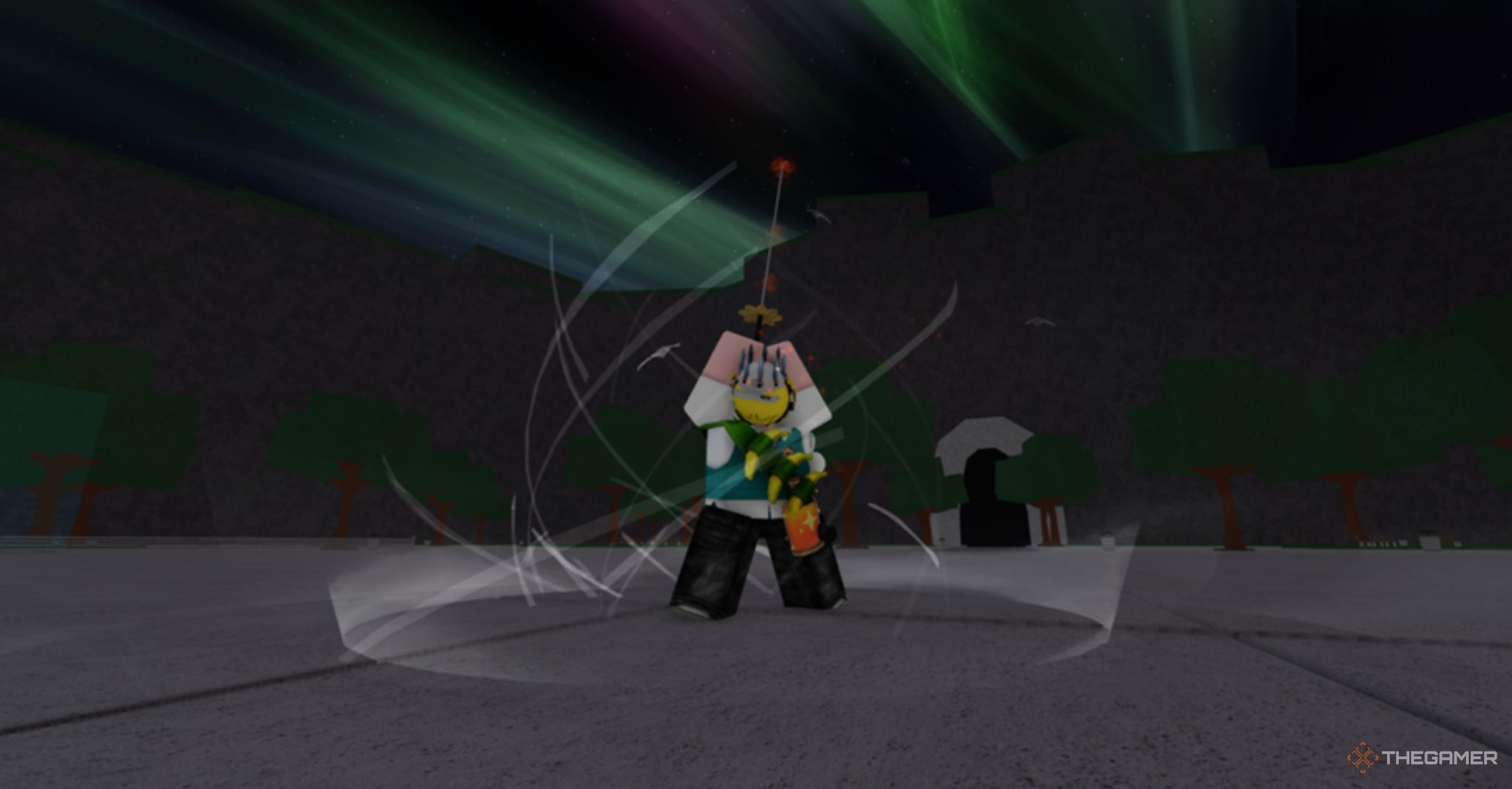 Roblox The Strongest Battlegrounds – Blade Master Awakening Animation, Player raising a sword on a starry night.