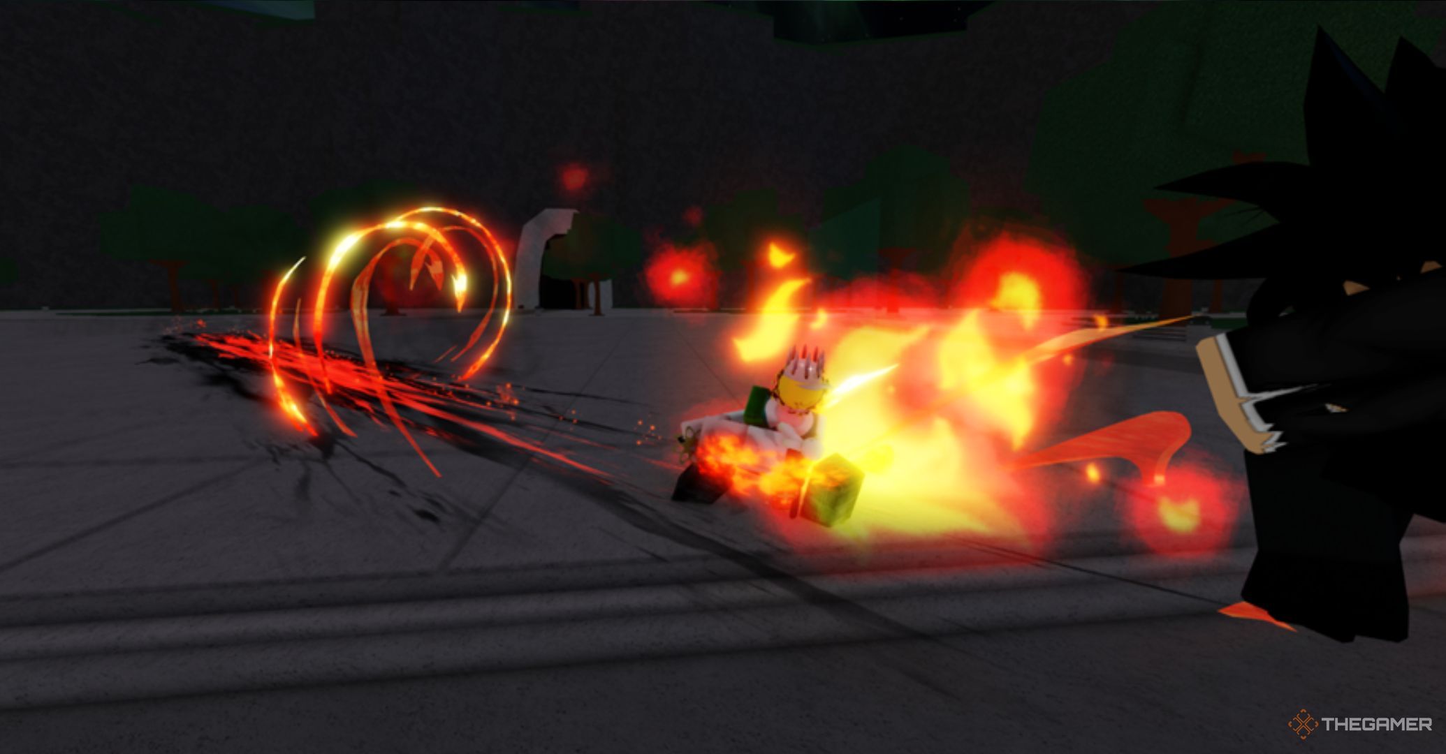 Roblox The Strongest Battlegrounds – Blade Master Sunrise Attack, Player ramming with a katana and a fire attack.