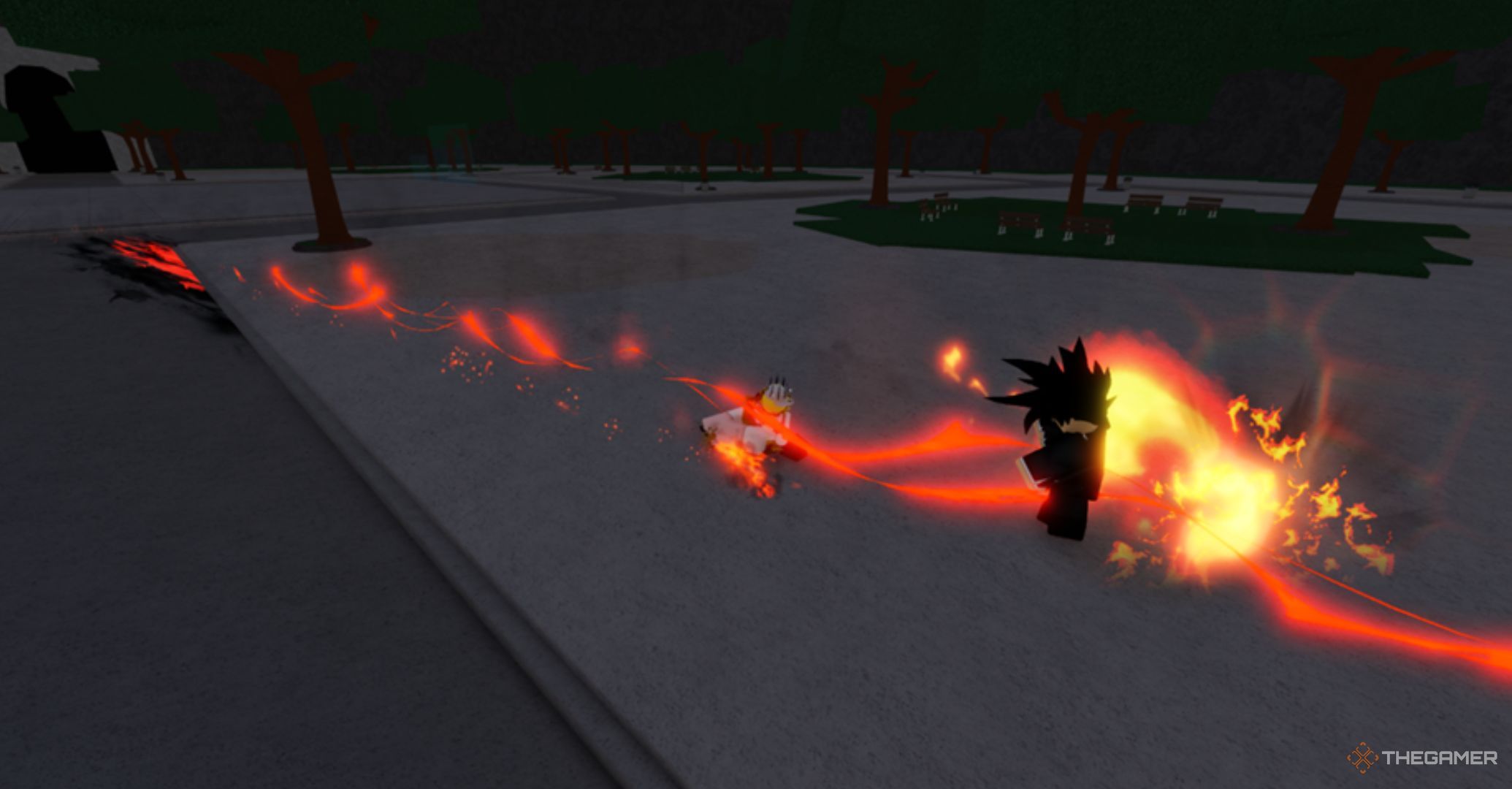 Roblox The Strongest Battlegrounds – Blade Master Sunset Attack, Player moving with his katana creating an allo of fire.
