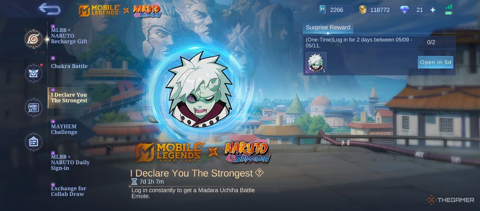 Screenshot of the I Declare You The Strongest event tasks in the Mobile Legends X Naruto collab that give the free Madara Uchiha emote.
