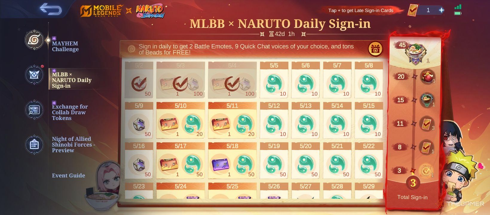 Screenshot of the MLBB X Naruto Daily Sign-in rewards in Mobile Legends.