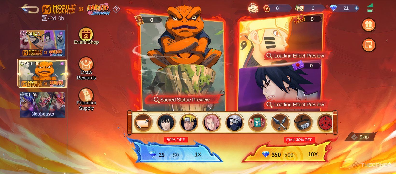 Screenshot of the MLBB X Naruto Resource Draw gacha shop showing the Gamabunta Sacred Statue.